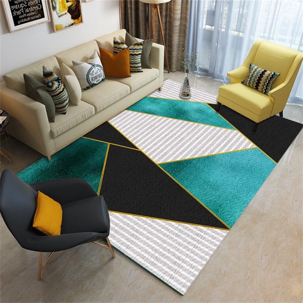 Tapis salon grande taille noir et vert 100x160 cm motif géométrique moderne