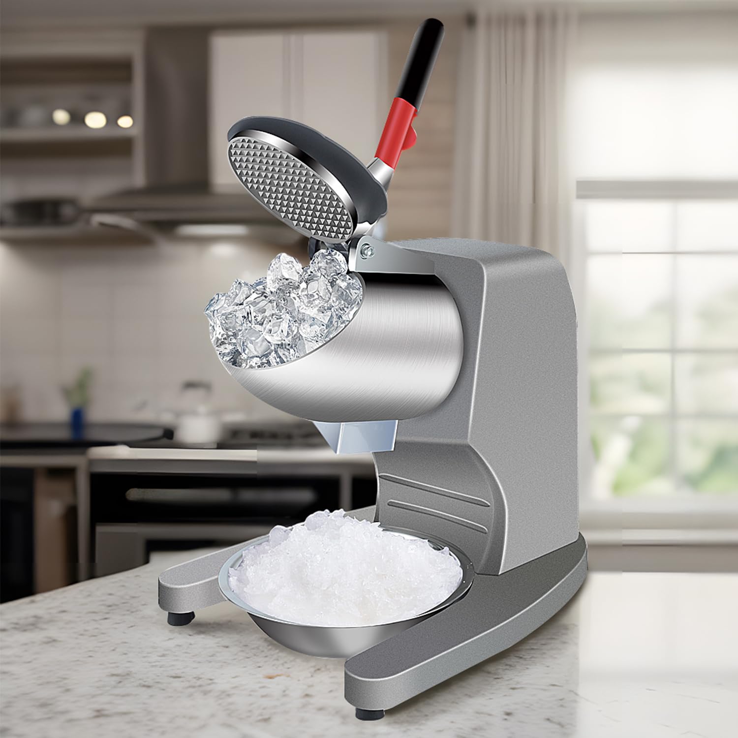 Electric Shaved Ice Machine 11 Inch Height 380W Three Blade Ice Crusher Snow Cone Maker Machines 220lbs/hr for Home and Commercial Use (Silver)