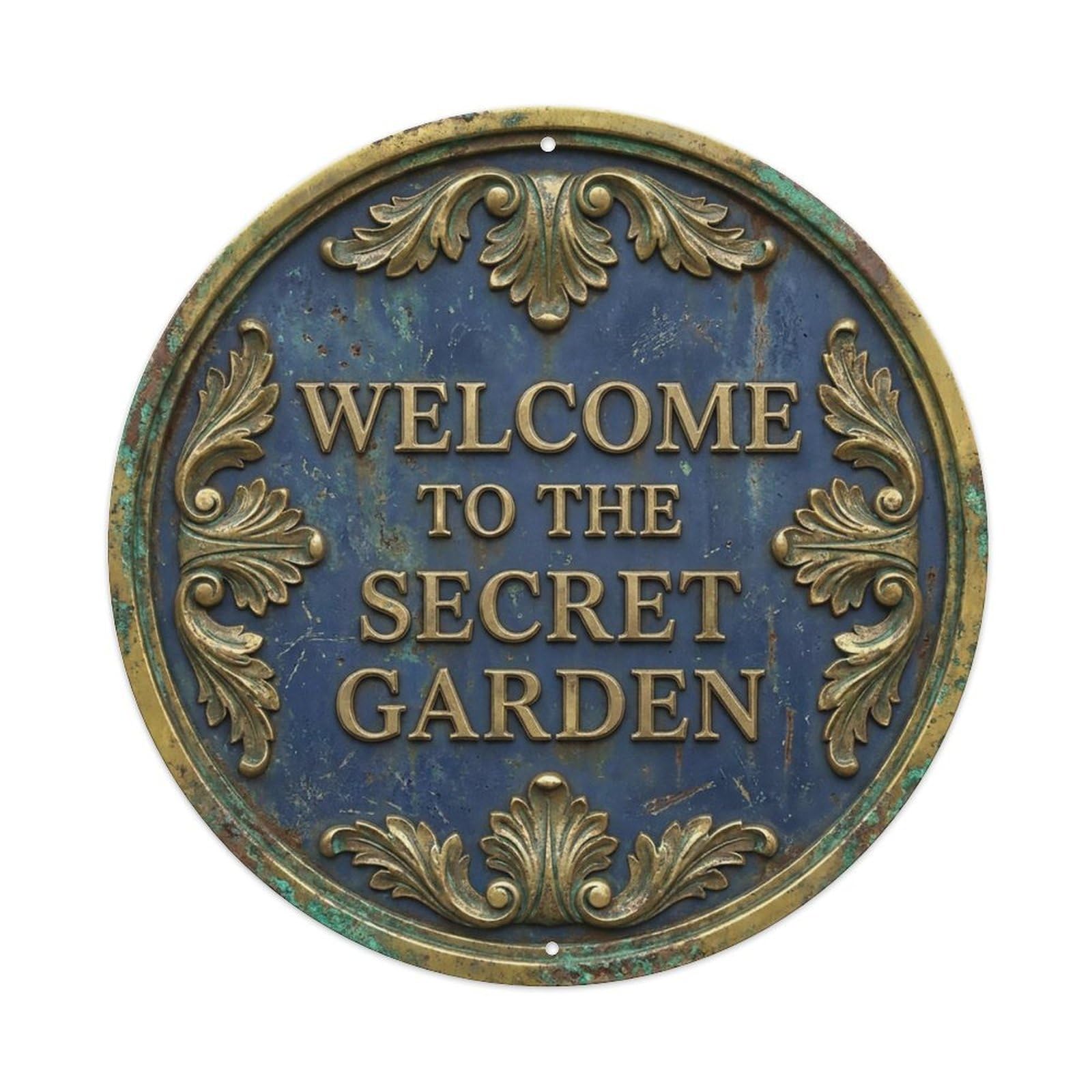 Vintage Welcome Secret Garden Brass Indigo Acanthus Metal Tin Sign