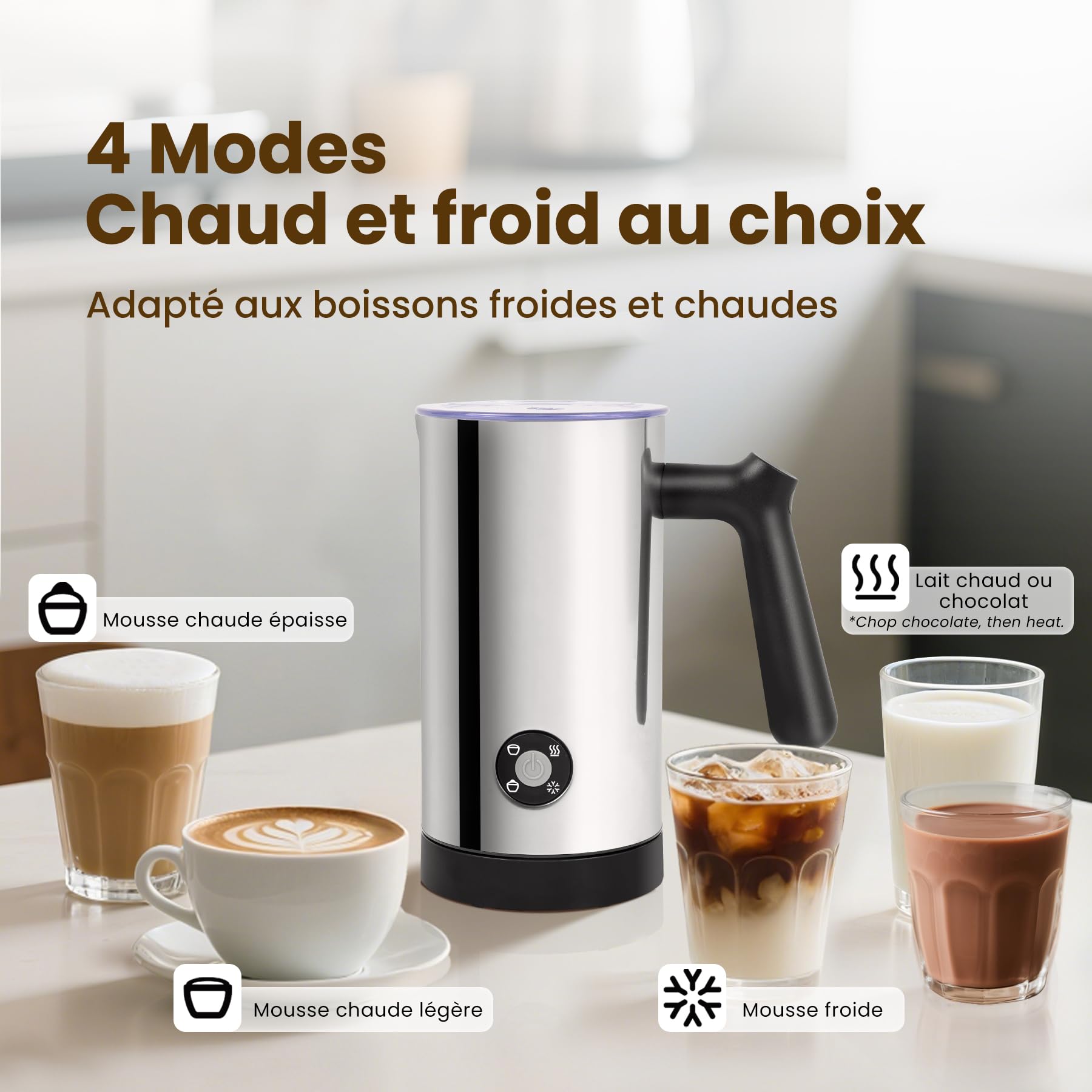 Mousseur à Lait Électrique 4 en 1 avec Chauffe Lait et Mousse Chaude Froide, Commande par Boutons, Carafe en Acier Inoxydable à Nettoyage Facile pour Café Latte Cappuccino