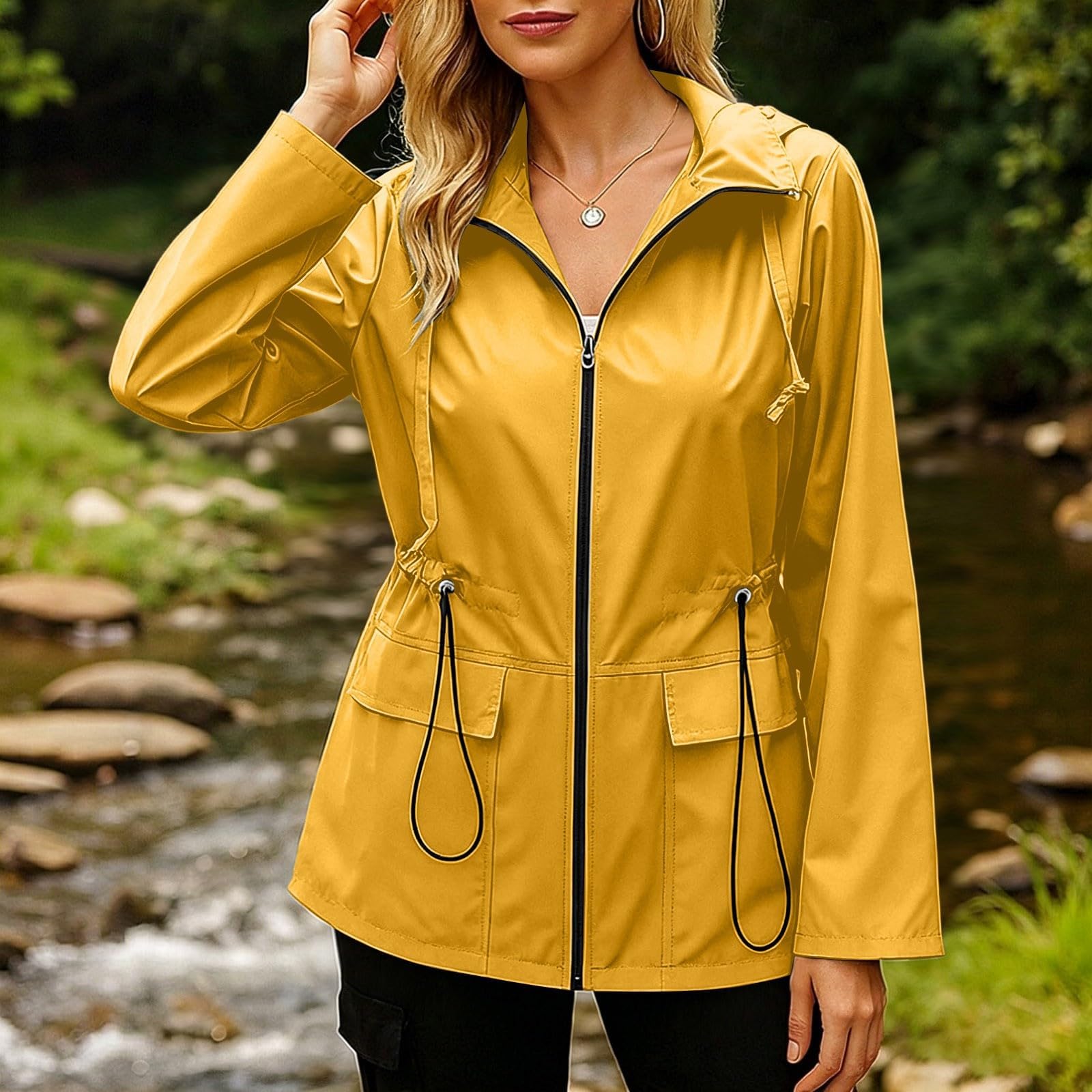 Generisch Damen Winddichte Wasserabweisende Outdoor Jacke, Reißverschluss Übergangsjacke mit Kragen fur Wander