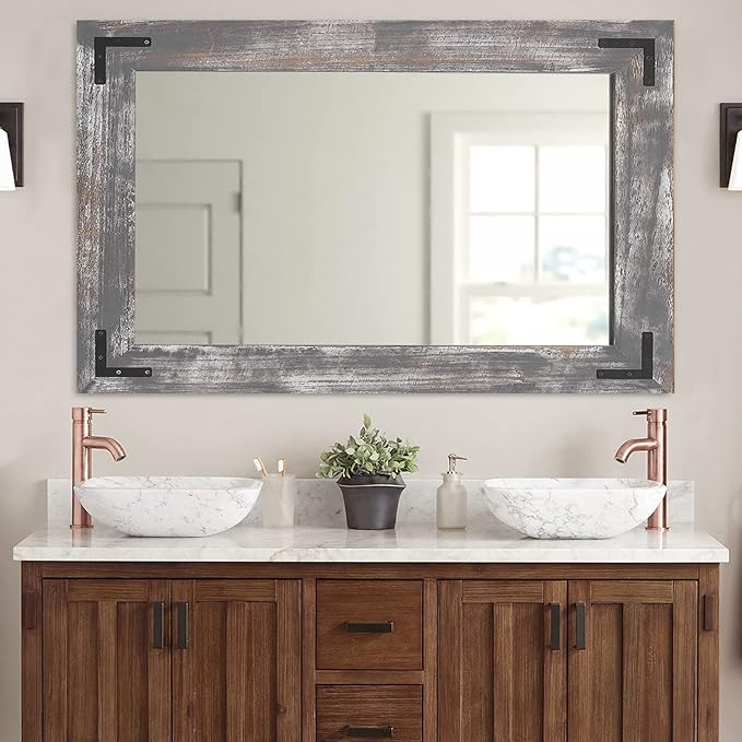 Amazon.com: YOSHOOT Rustic Wooden Framed Wall Mirror, 40"x26", Natural ...