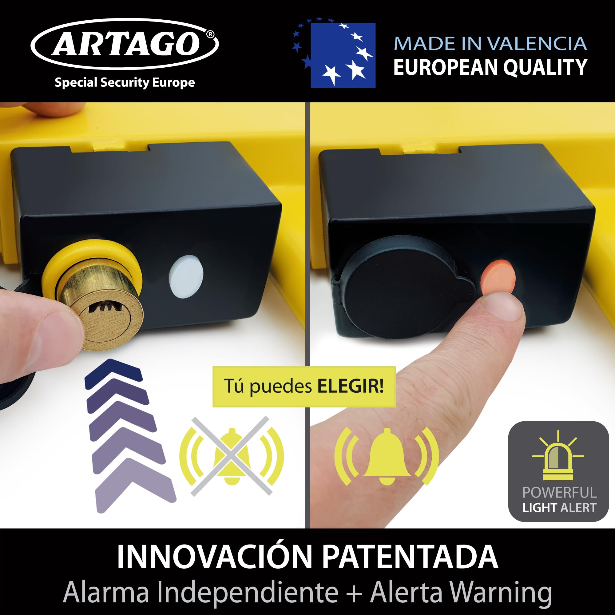 ARTAGO ART872 El Cepo Rueda Más Seguro y Disuasorio, Antirrobo Coche Remolque Caravana 2en1, Sin o Con Alarma 120db+LED Alerta Visible Noche, Doble Protección Antióxido Más Resistente, Universal