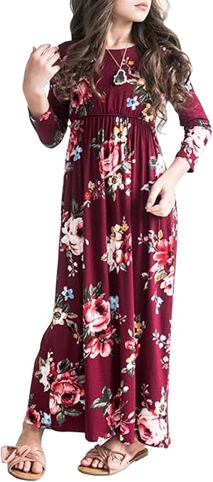 MITILLY Girls 3/4 Sleeve Pleated Casual Swing Long Maxi Dress with Pockets 6-12 Years