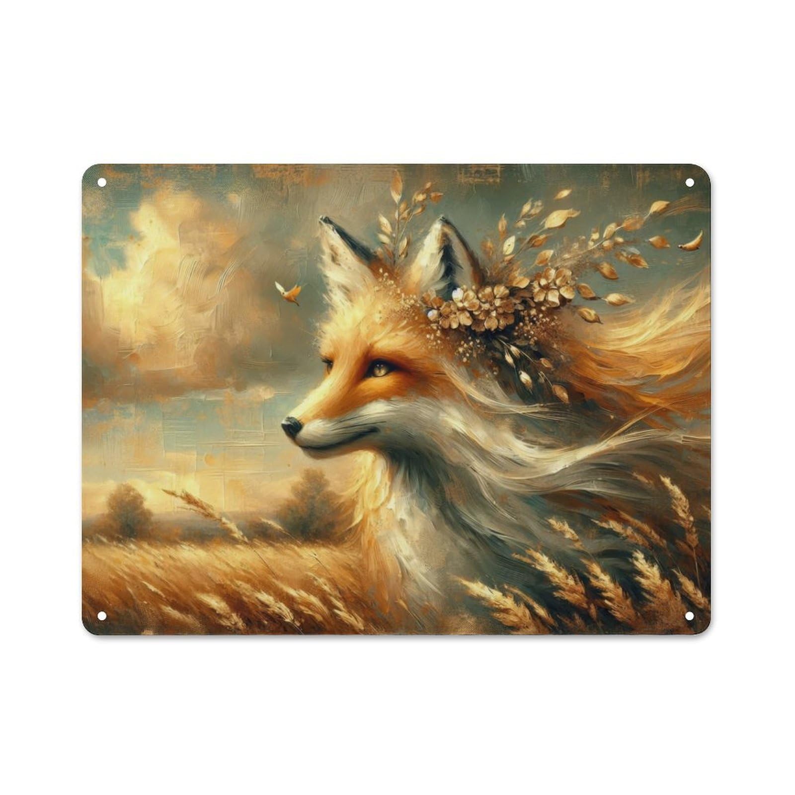 Junmoney Style-18 Decorative Tin Sign With Fox In Golden Fields Design 30X40cm, Farmhouse Cottage Wall Art For Farmhouse Kitchen, Pantry Or Dining Area