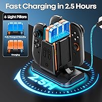 Vista 6 de Cargador de controlador Switch 2 y 1, base de carga 2 en 1 para Switch 2025/OLED/Joycons originales, estación de carga rápida con 9 modos RGB