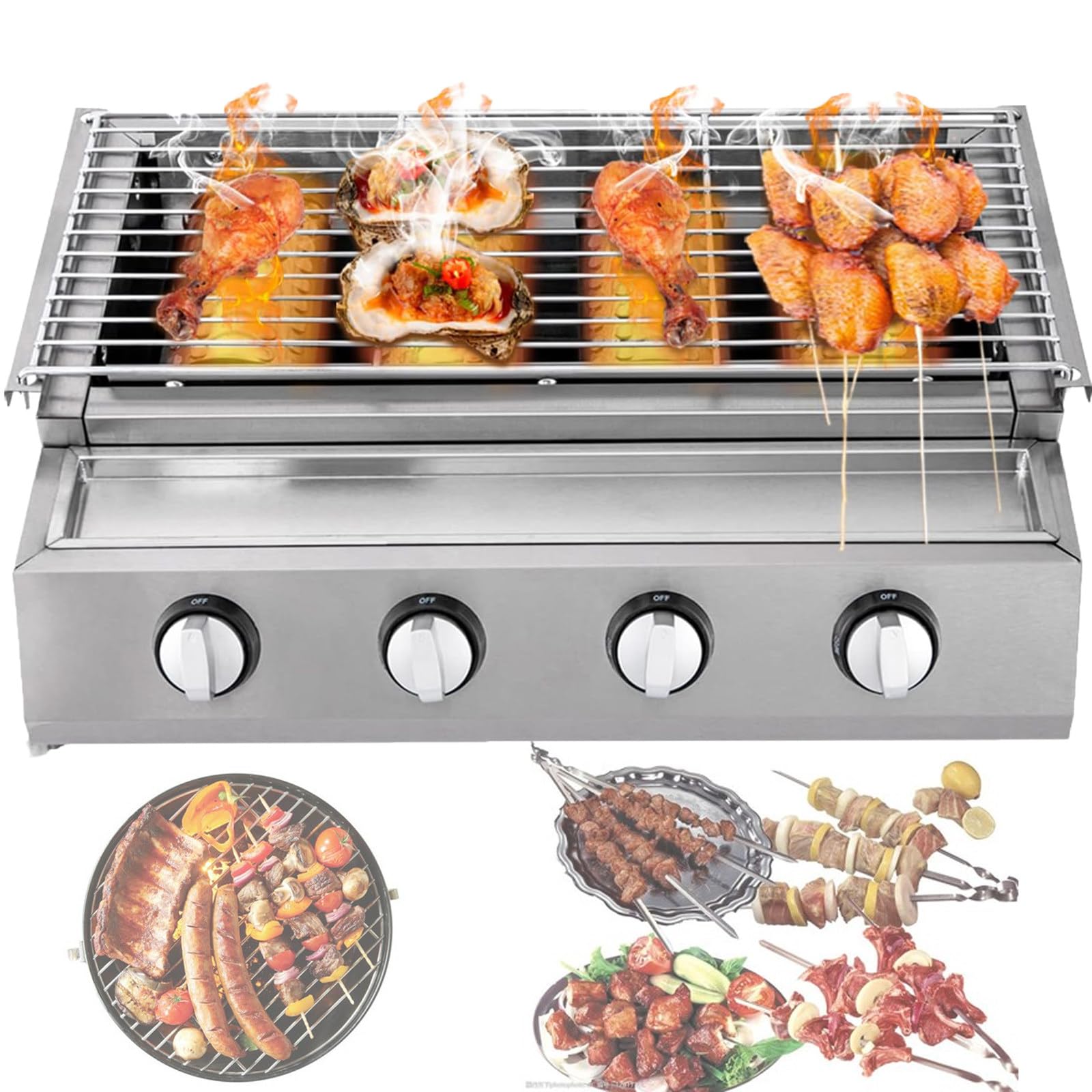 Grill gazowy BBQ stołowy bezdymny ze stali nierdzewnej, przenośny, 4-palnikowy grill gazowy z tacką na olej o dużej pojemności, niezależny zapłon, grill propan-butan LPG