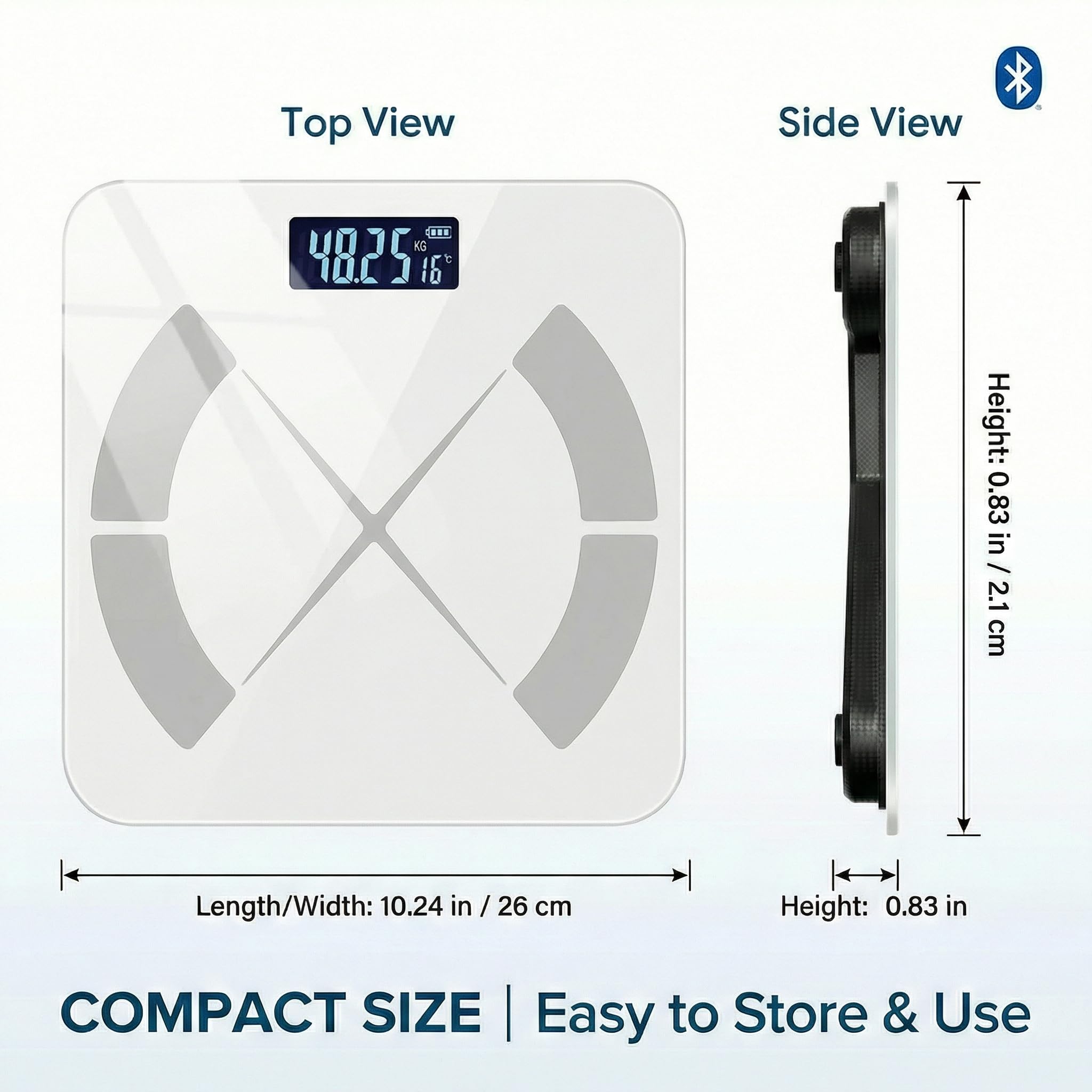 Báscula corporal inteligente – Báscula de baño Bluetooth con 18 métricas corporales y seguimiento de tendencia, diseño de haz en I grueso, vidrio templado grande, capacidad de 400 libras