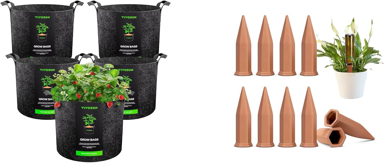 VIVOSUN 5-Pack 15 Gallon Plant Grow Bags with 10Pcs Self-Watering Spikes, 7 Inch Hexagonal Terracotta Watering Stakes, Auto-Water Device, Planter Insert for Indoor & Outdoor Potted Plants