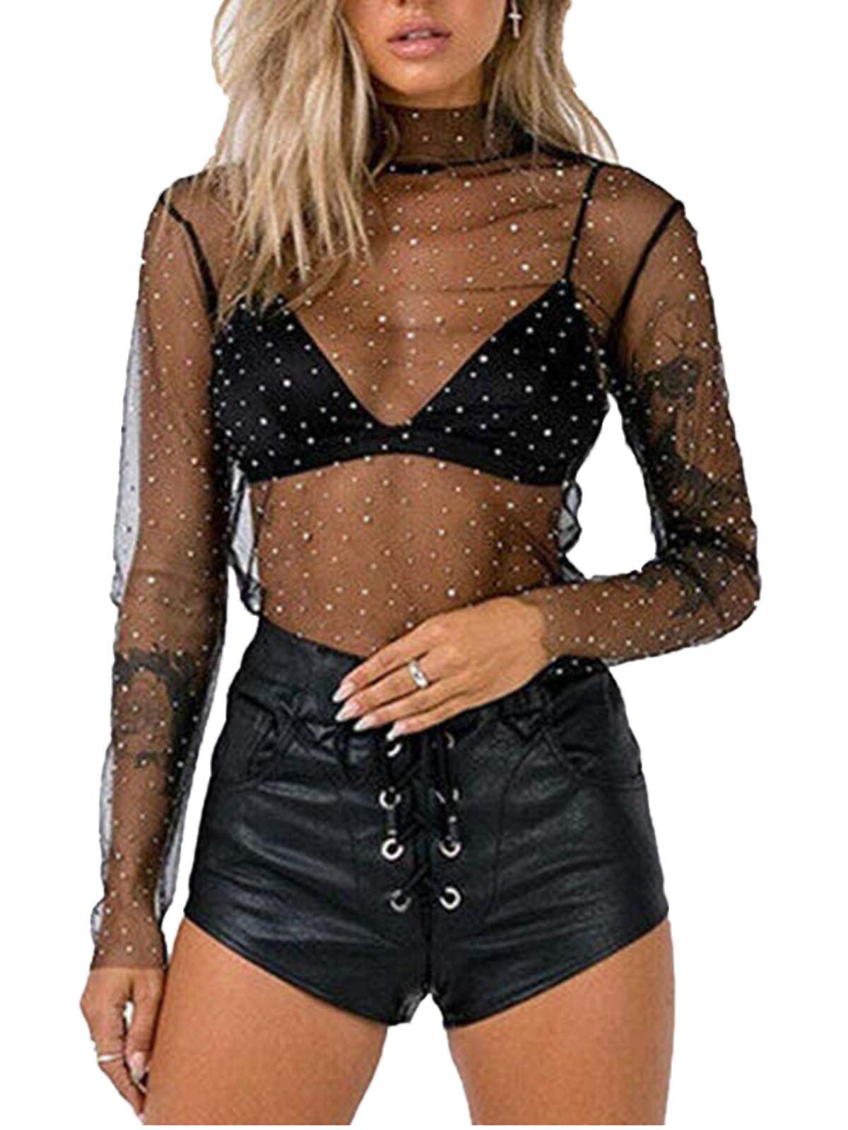 Women Sheer Mesh Glitter Sequin T Shirt/Bodysuit See Through Long Sleeve Turtleneck Sparkle Tee Blouse Tops Clubwear