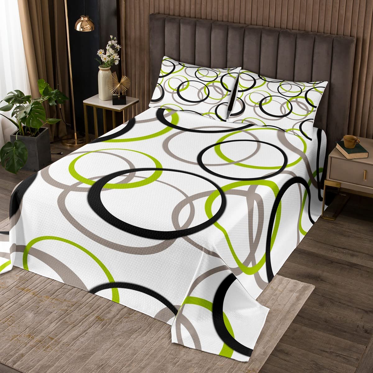 Copriletto Trapuntato Moderno Geometrico – Cerchi E Righe Astratte Grigio Nero Bianco, Matrimoniale Con Federe, Morbido In Microfibra, Leggero E Traspirante