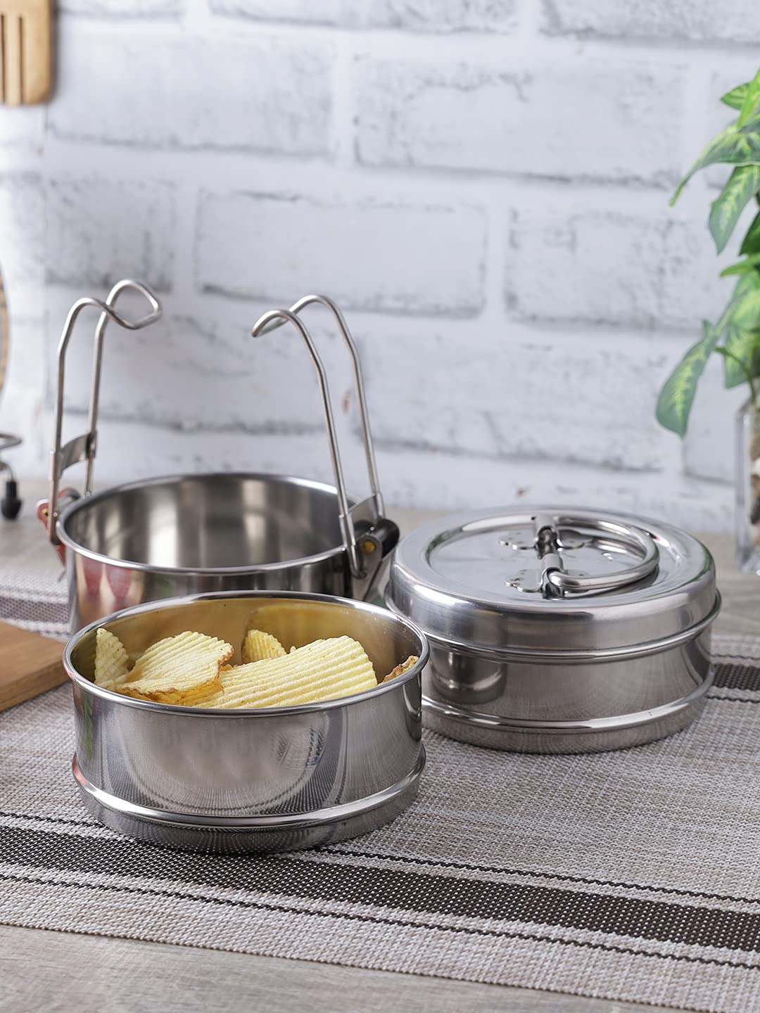 neelam Stainless Steel Lunch Box/Tiffin with Locking Clip, 3-Tier Container, 1100 ml, Hot & Cold Leak-Proof, Compact & Durable, Perfect for Office, School, Picnic and Travel, Silver