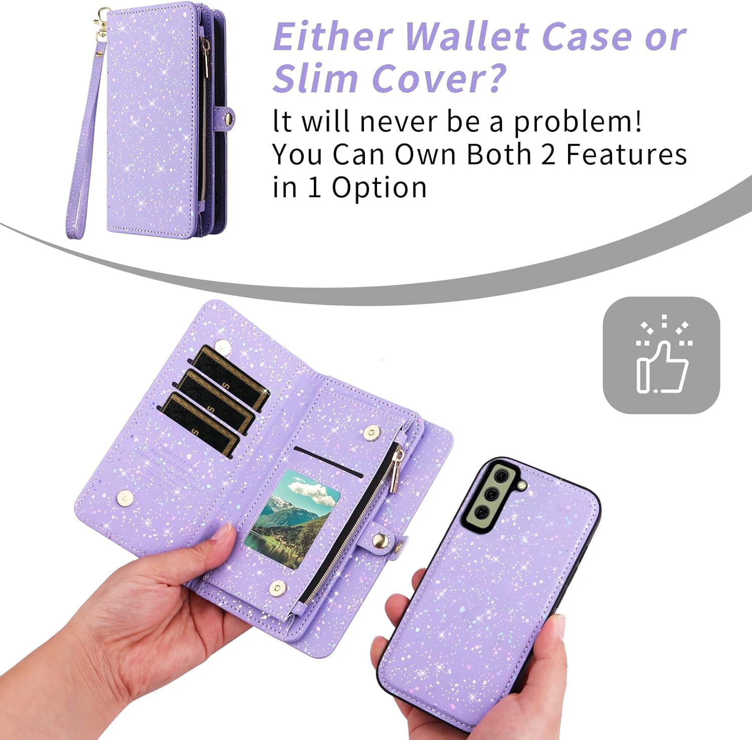 Asuwish Phone Case for Samsung Galaxy S21 FE 5G Zipper Wallet Magnetic Detachable Cover with Screen Protector and Glitter Card Holder Stand Cell S 21 EF S21FE5G UW S21FE 21S G5 6.4 inch Women Purple