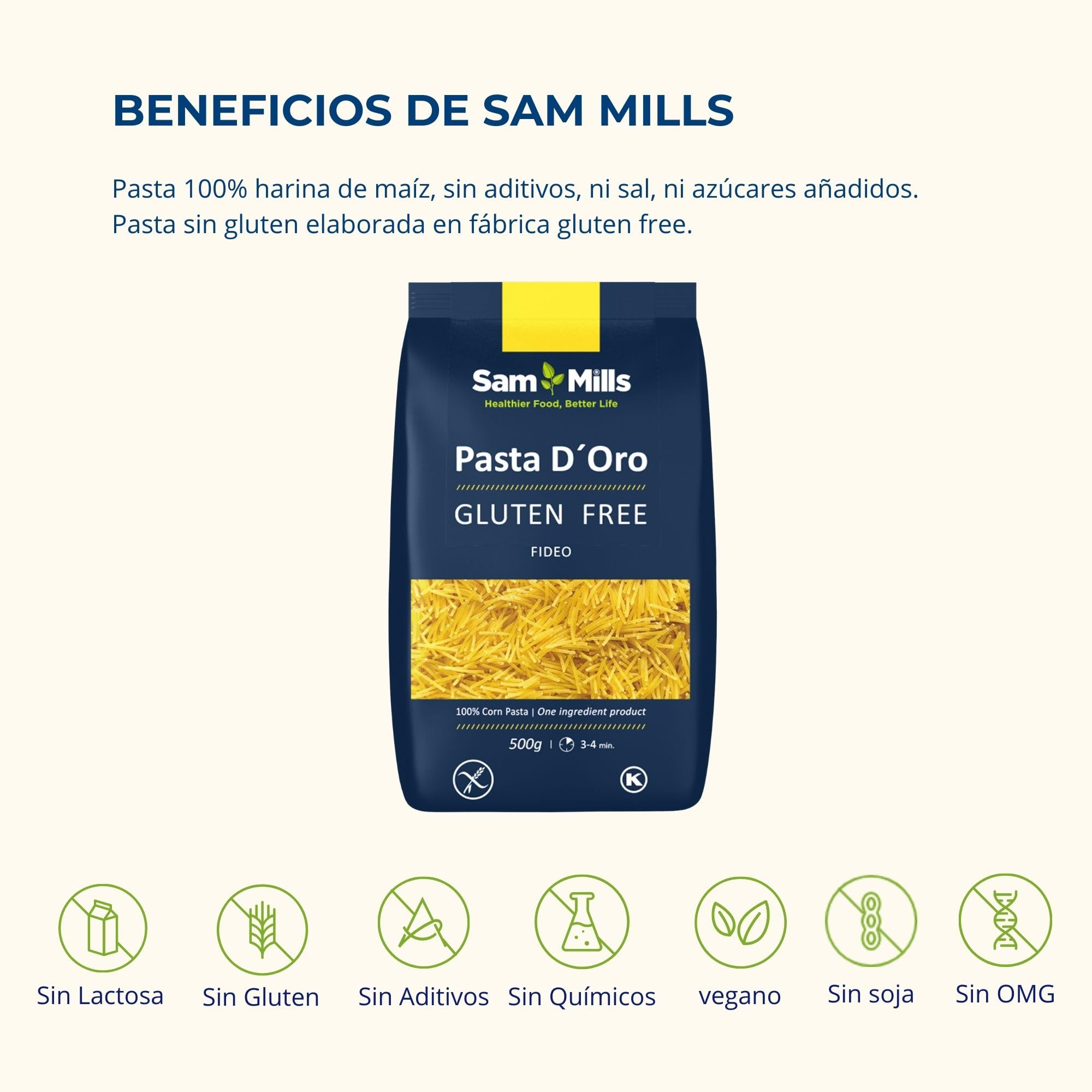 Fideos Sin Gluten 500g Sam Mills - Harina de Maíz - Vegano