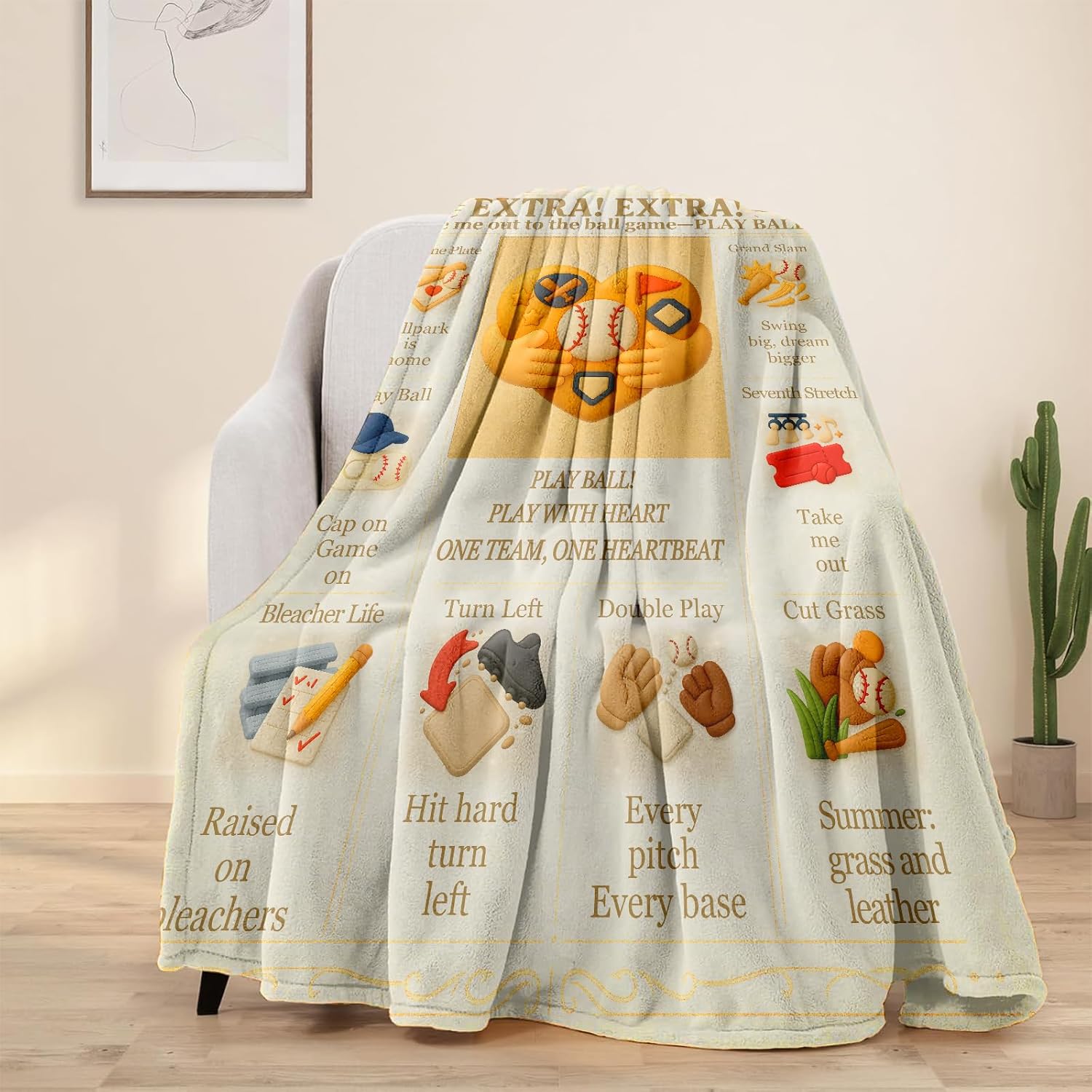 Baseball Throw Blanket 60x50 Flannel Fleece, Vintage Newspaper Style, Kids & Teens Room Decor, Gift for Players, Coach, Mom, Graduation, Sofa Couch Bed - Image 2