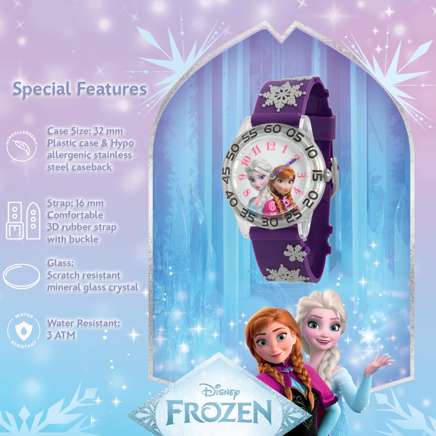 Disney Kids' W002437 Frozen ELSA & Anna Lernuhr mit Analog-Display, Armbanduhr, Analog, Lila, Quarz
