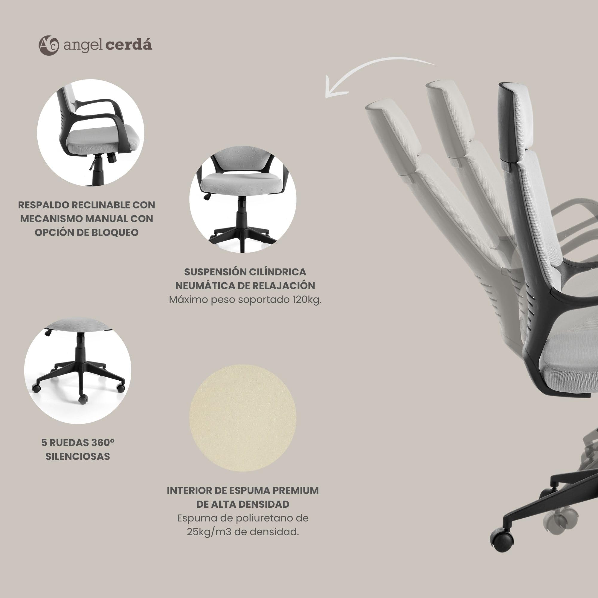 Angel Cerdá – Silla Escritorio Premium Giratoria, Tapizada en Tela Gris | Silla Escritorio Ergonomica Respaldo Ancho y Reposabrazos | Patas Acero Cromado | 63 x 63 x 117/127 cm