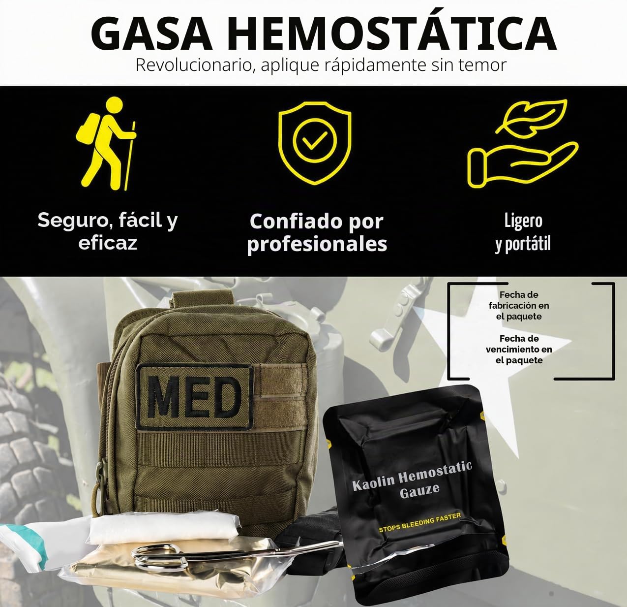 Charter Tactical First Aid Advanced Quick Clotting Combat Gasa - Gasa hemostática flexible para detener el kit de sangrado más rápido, con gasa de coagulación rápida, kit de supervivencia, 7,6 cm x