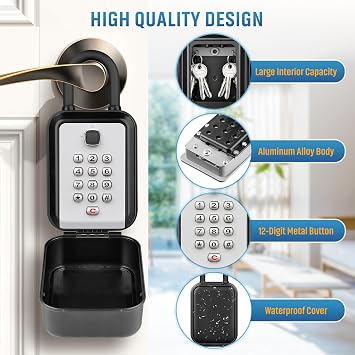 Portable Key Lock Box, Waterproof Sturdy Lock Box for Keys with Code, Hide a Key Outside, 12-Digit Combination Lockbox Resettable Code Key Safe for Home, Office, Apartment, Warehouse
