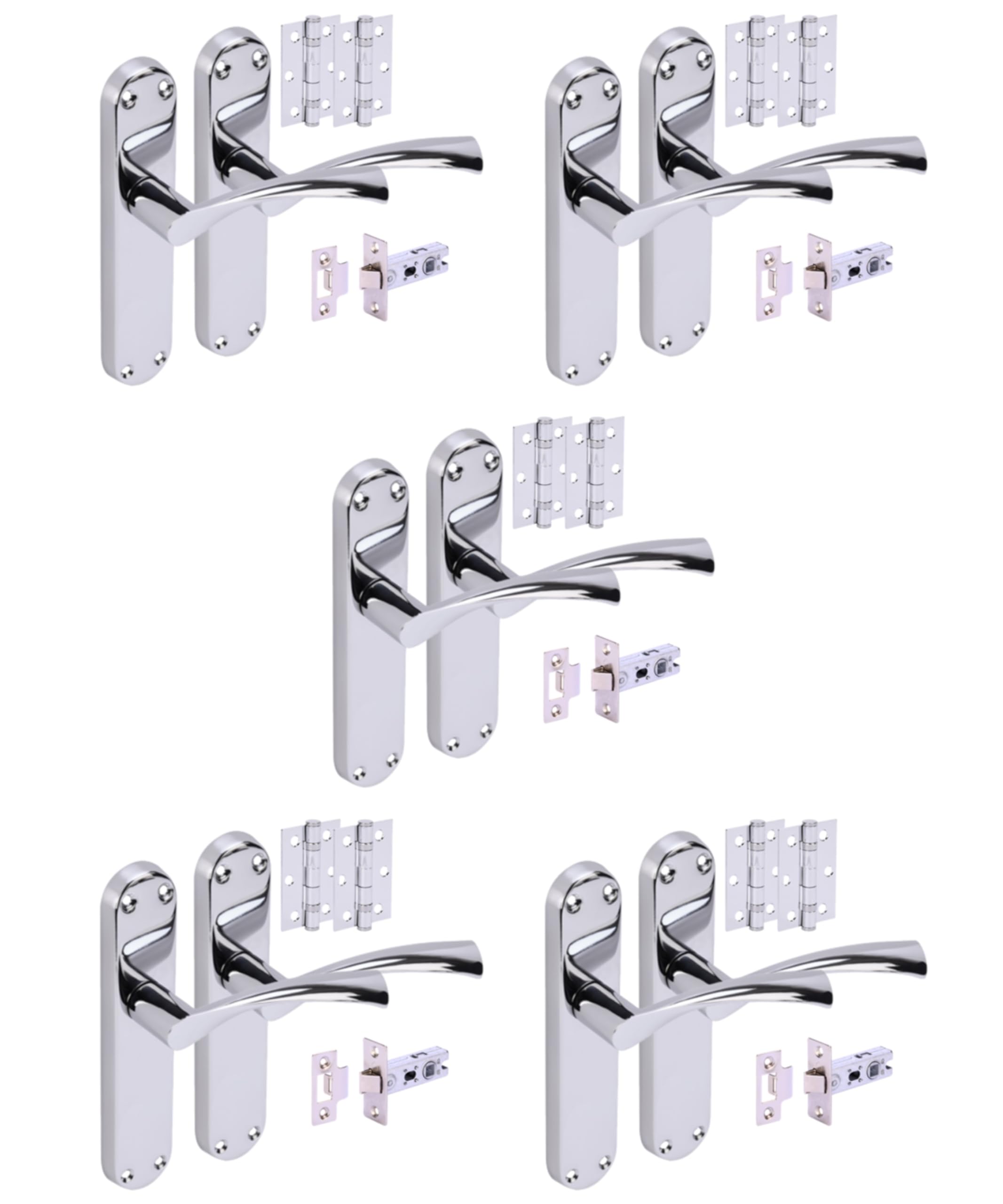 Hunta Polished Chrome Handlezone® 5 Sets Lobo Internal Door Handles On Backplate Lever Latch Packs With Ball Bearing Hinges