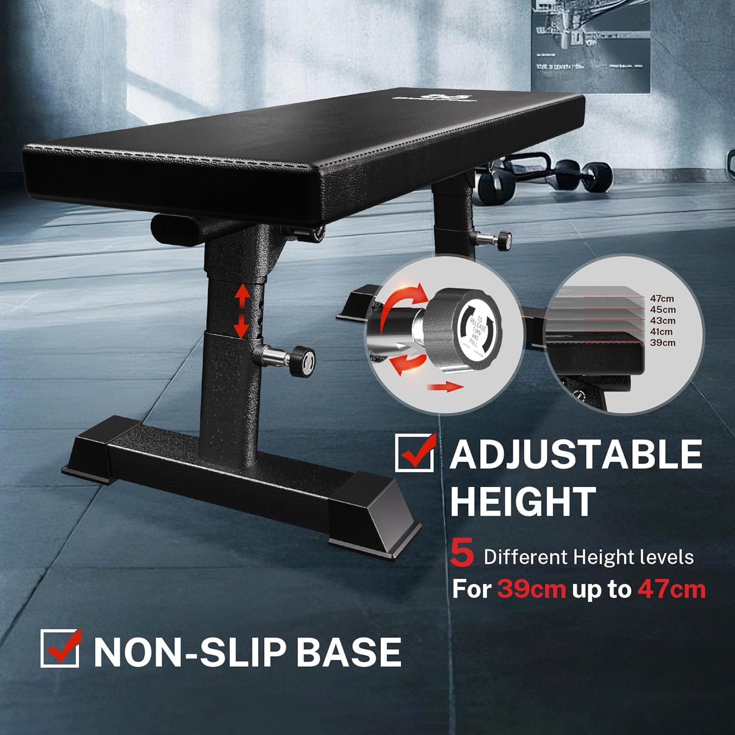 Weight Bench, Foldable Flat Bench with Gym Quality 1300 LBS Capacity | 5-level height, 2.5" thick cushion, sturdy T-Legs, compact storage flat bench for weight training and ab exercises, black