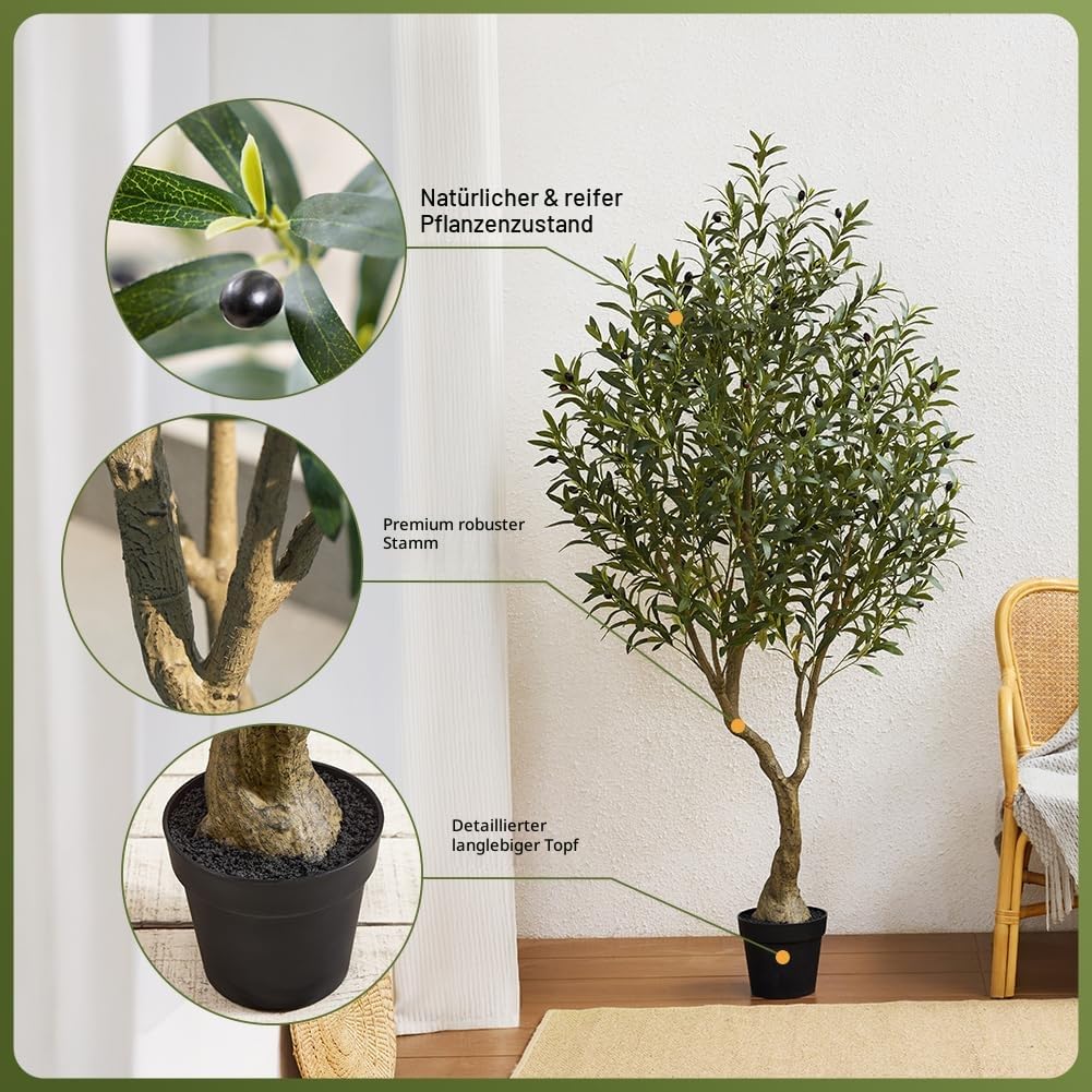VeriNatural Olivenbaum Künstlich Kunstpflanze 180cm Fake Plant Kunststoffpflanzen Künstlicher Pflanzen – 1638 Blätter & 84 Oliven UV-beständig Stabiler Topf – Deko für Wohnzimmer Balkon Büro
