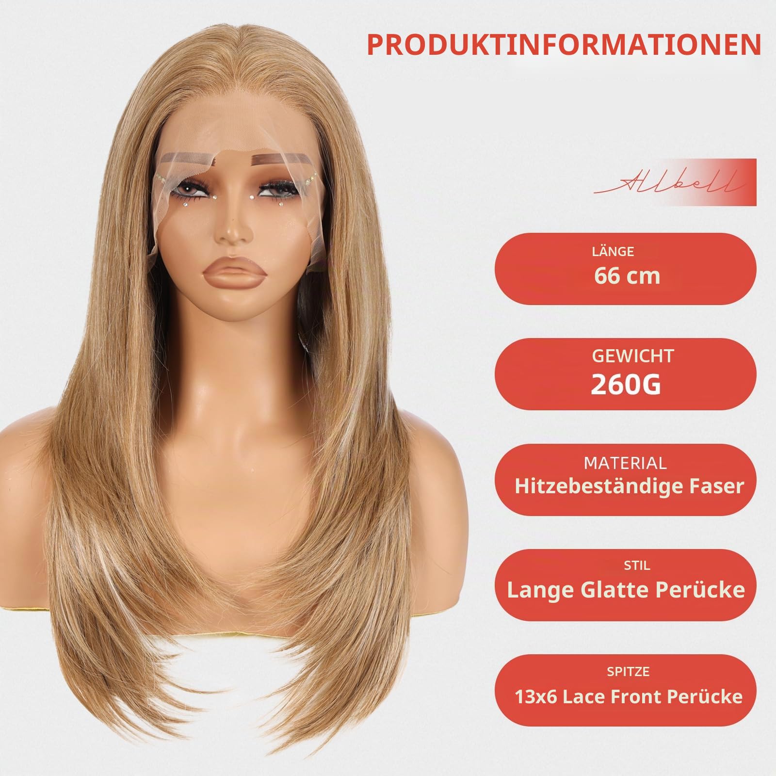 Allbell 13x6 Highligh Light Brown Lace Front Wig for Women 22 Inch Long Straight Layered Wig,Glueless Synthetic HD Lace Wigs for Daily Party Use