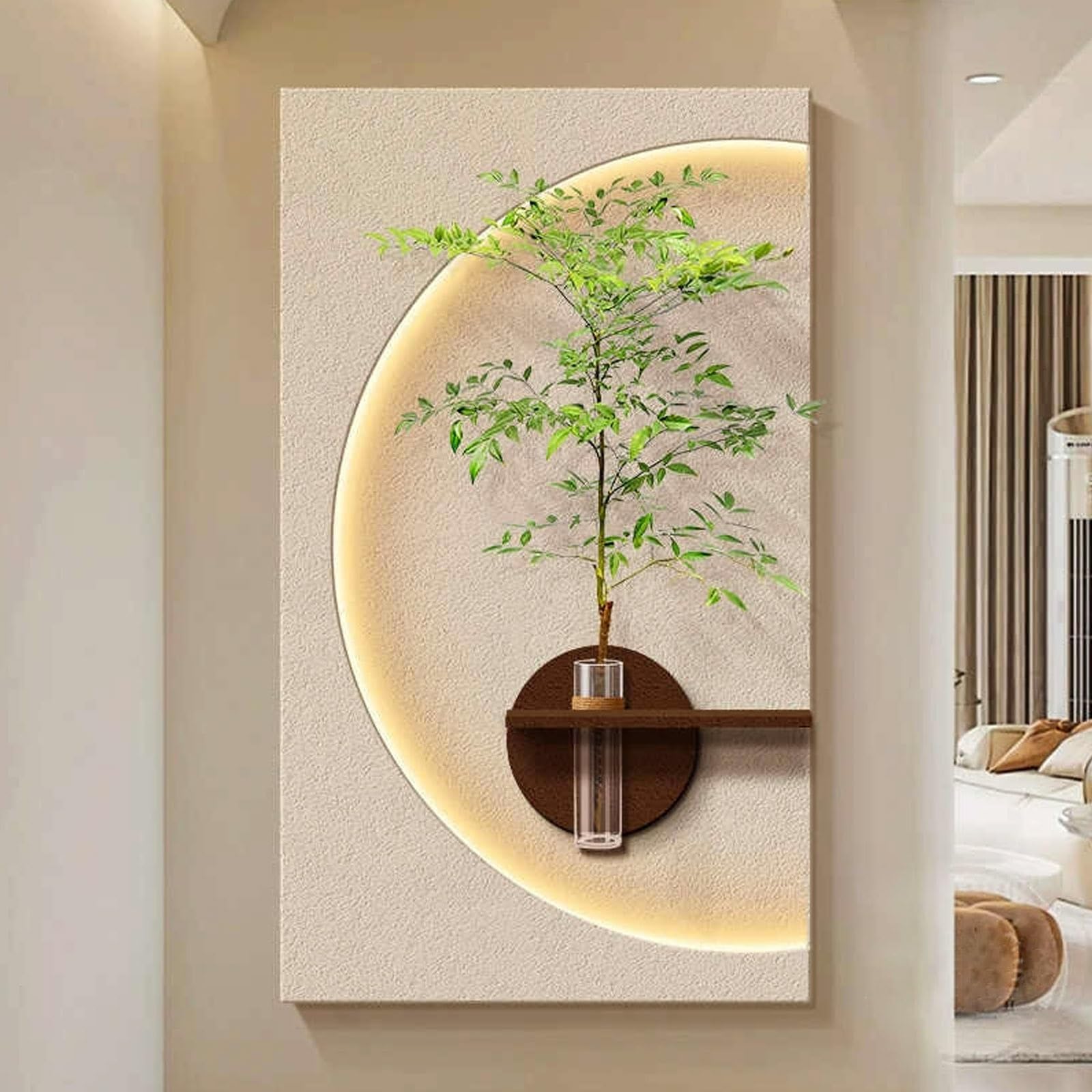 3D-Wandkunst-Dekoration mit Vase und künstlichen Pflanzen, LED-Wandkunst-Dekor aus Sandsteingrün, Wandbild-Dekor für Wohnzimmer, Eingang, Flur(A,50x87cm/19.7x34.2in)