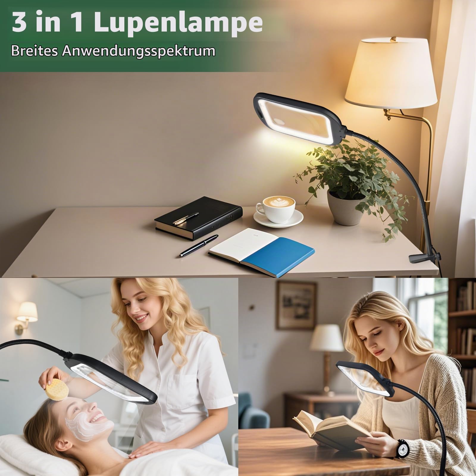 GABORISH 10X Standlupe mit Licht und Ständer, 3 in 1 Lupenlampe mit 60 LED, Rechteckige Flexible Schwanenhals Lupenleuchte mit Klemme, 5 Farbmodi Dimmbar Händefrei Leselupe mit Licht für Senioren Groß