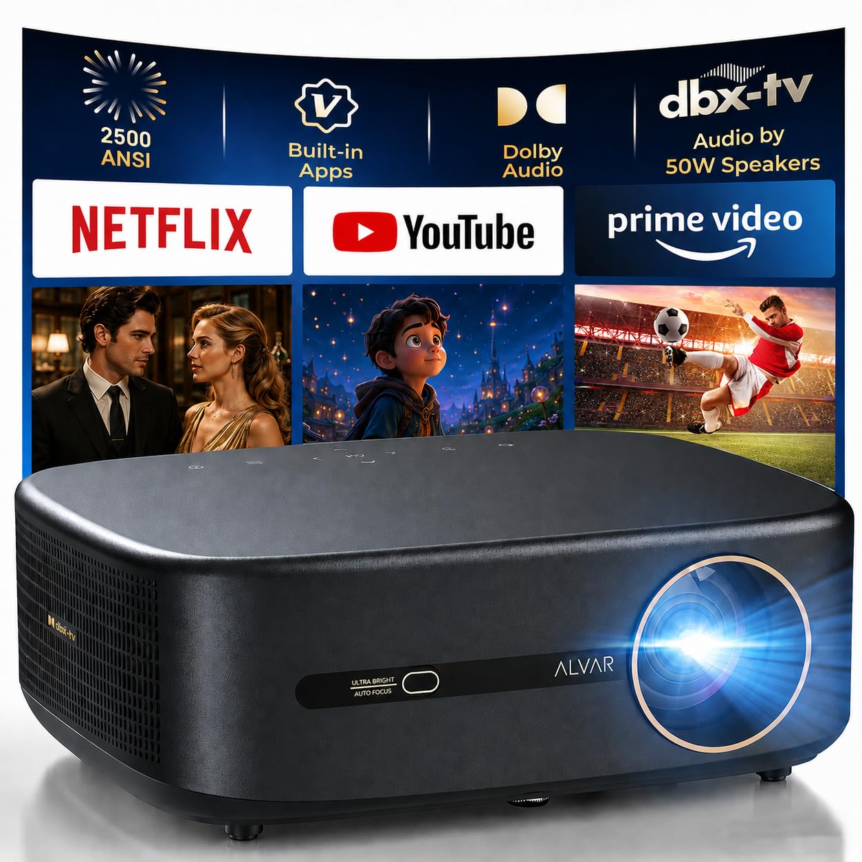 Photo 1 of Alvar Projector 4K Support, Upgraded Smart Projector with 2500 ANSI, 50W Speakers, DoIby Audio, Built-in NetfIix App, Fully Automatic, WiFi 6 & Bluetooth 5.3 for Soccer Game/Home Theater/Outdoor Movie