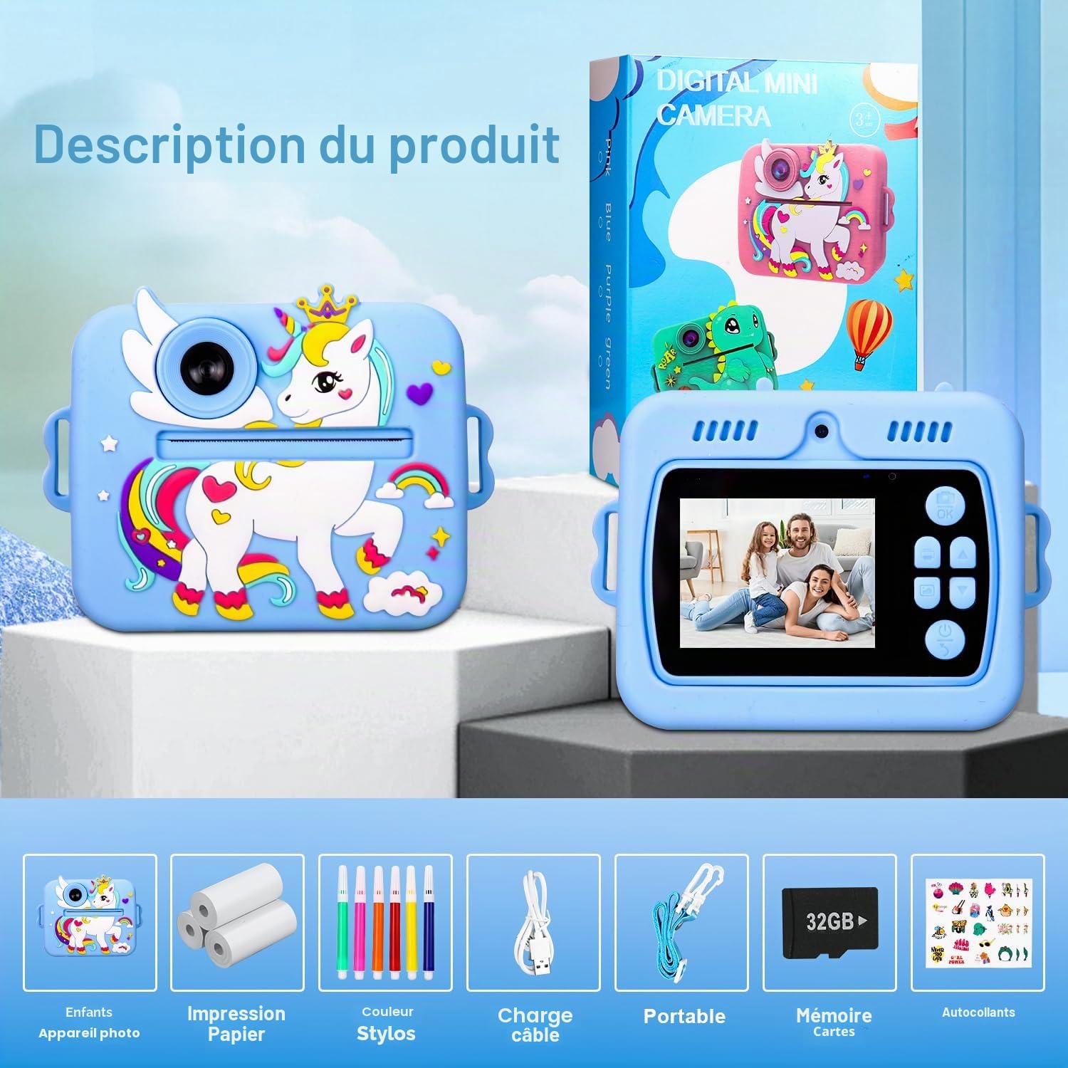 Appareil Photo Instantané Enfants, 2,4" Écran 1080P HD Vidéo Selfie Caméra Enfant, 48MP, 32GB Carte & Papier d'impression, Appareil Photo Numérique pour 3-14 Ans Filles Garçons de Noël Anniversaire