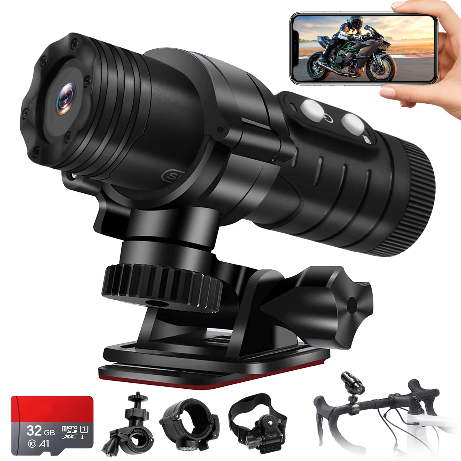 バイク用ドライブレコーダー バイクドラレコ ヘルメットカメラ【スマホ連携 WIFI搭載 120°画角 1080P画質 8時間ループ録画 32Gカード付属 256GB IP66防水】バイクカメラ 自転車ドライブレコーダー 使いやすい 軽量車載 3つアクセサリー日本語説明書付き