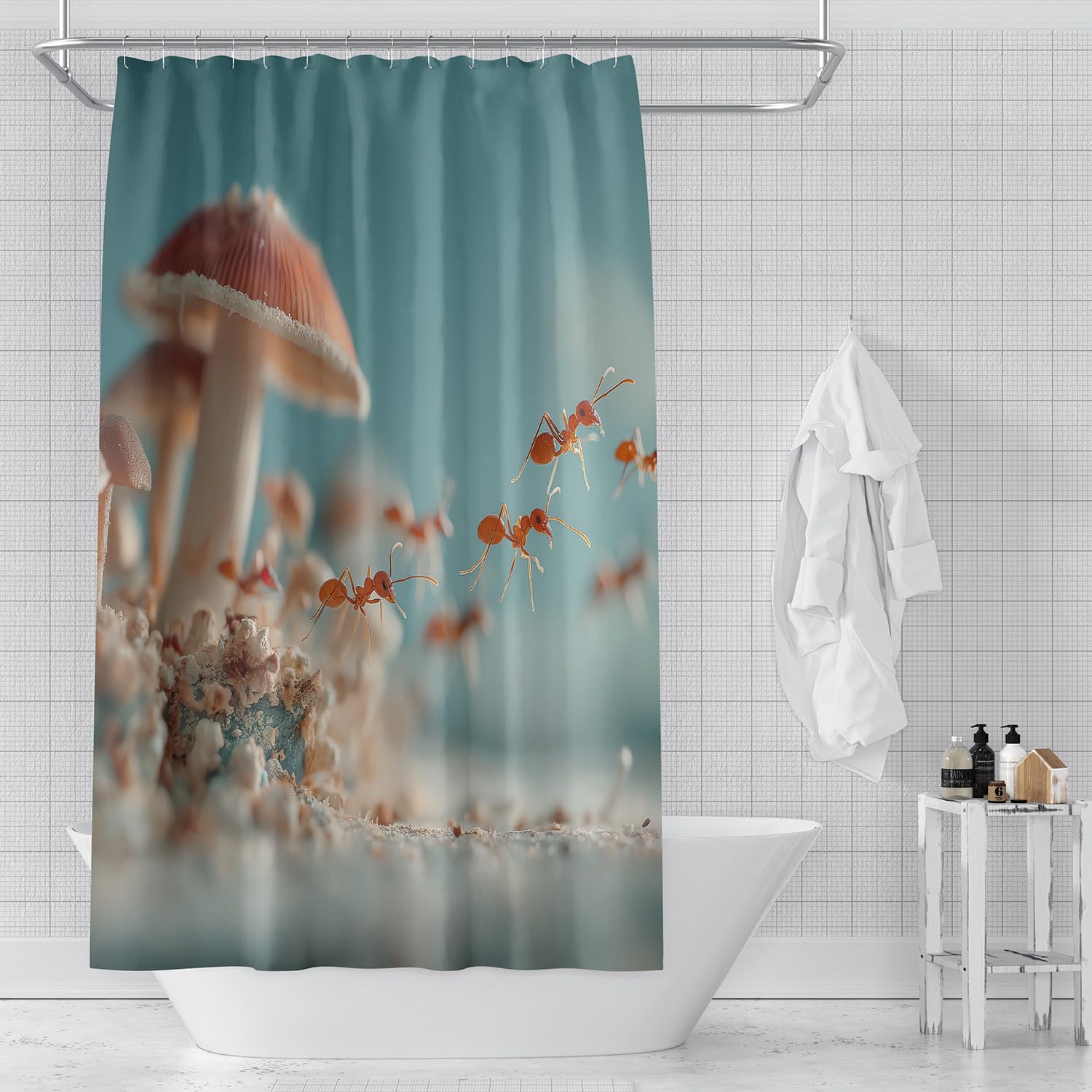 3D Pilze-Duschvorhang 200x200, Badezimmervorhang mit Rotem Ameisen und Pilzdruck, Blauer Hintergrund, Wasserdichtes Polyestergewebe für Nassraum Badezimmerdekor, B200 x H200 cm (1Er Pack)