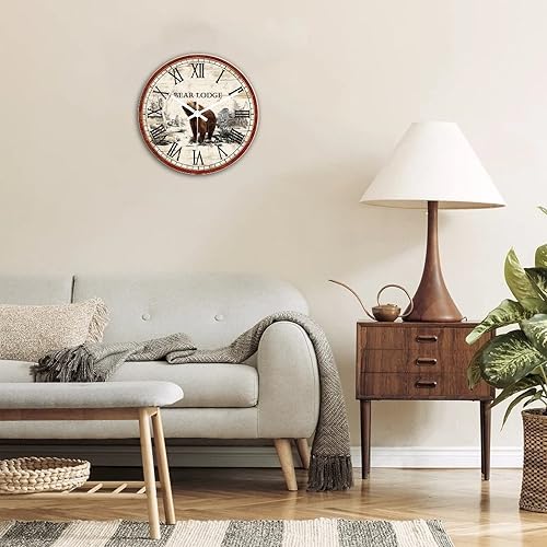 Miniatura 4 de DreamAutumn Reloj de pared de madera vintage rústico envejecido, reloj de pared redondo de madera envejecida, funciona con pilas, sin tictac, oso de