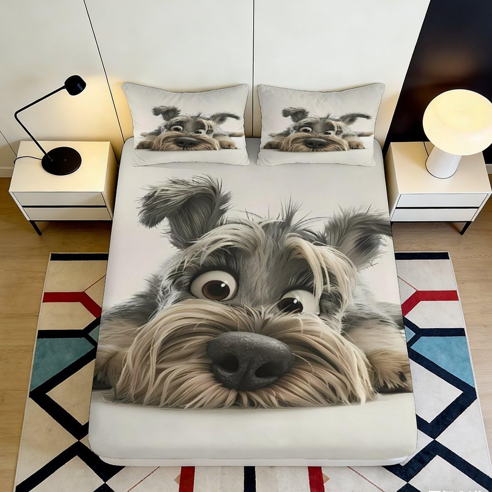 3D Printed Schnauzer Dog Fitted Sheet Microfiber Anti-Slip Cartoon Puppy Bed Cover for Bedroom Dorm Easy Care Decor 114 90x200x25cm