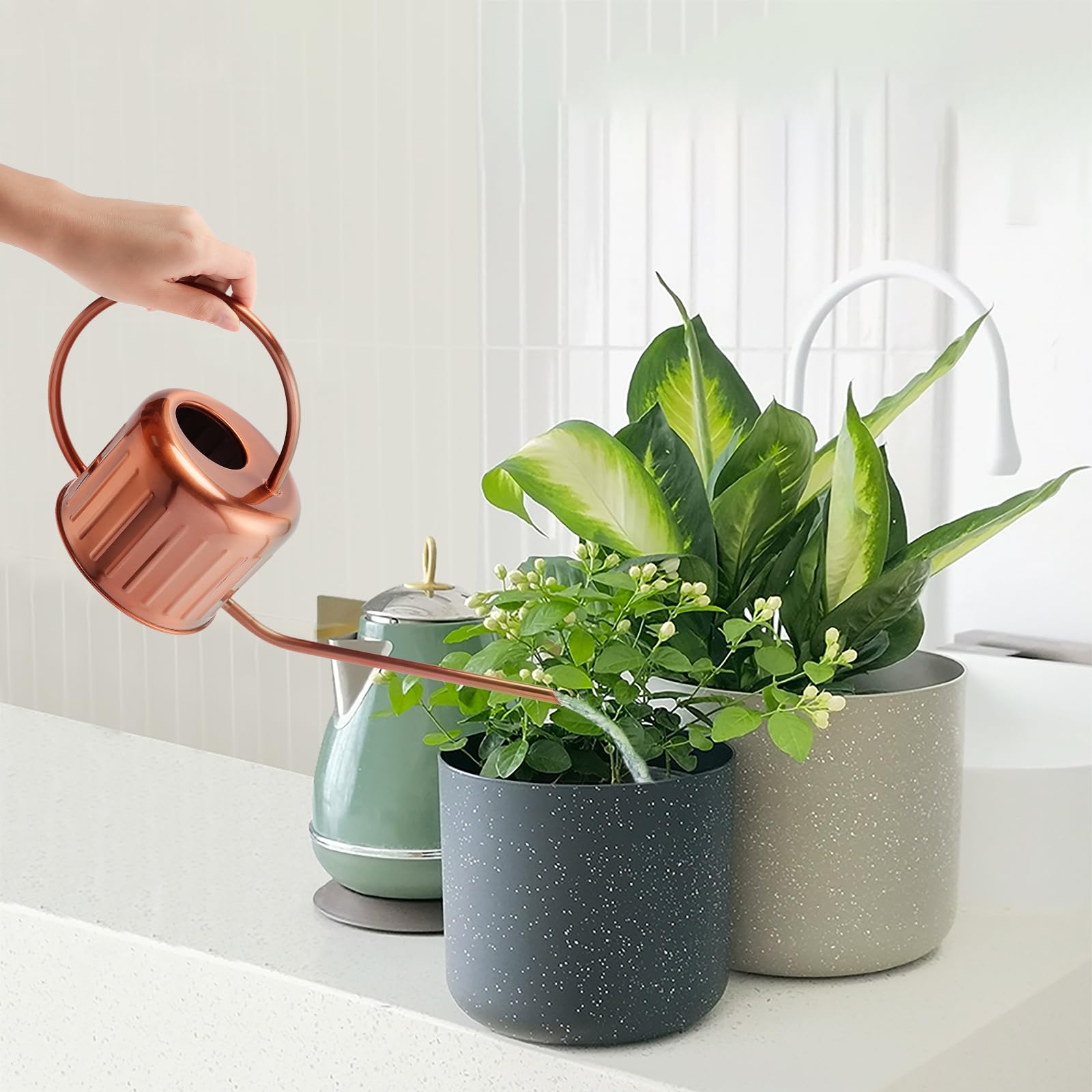 Regadera de cobre de 34 onzas, regadera pequeña para plantas de interior, regadera de metal con boquilla larga, regadera de interior y exterior, regadera de flores, regadera de plantas,