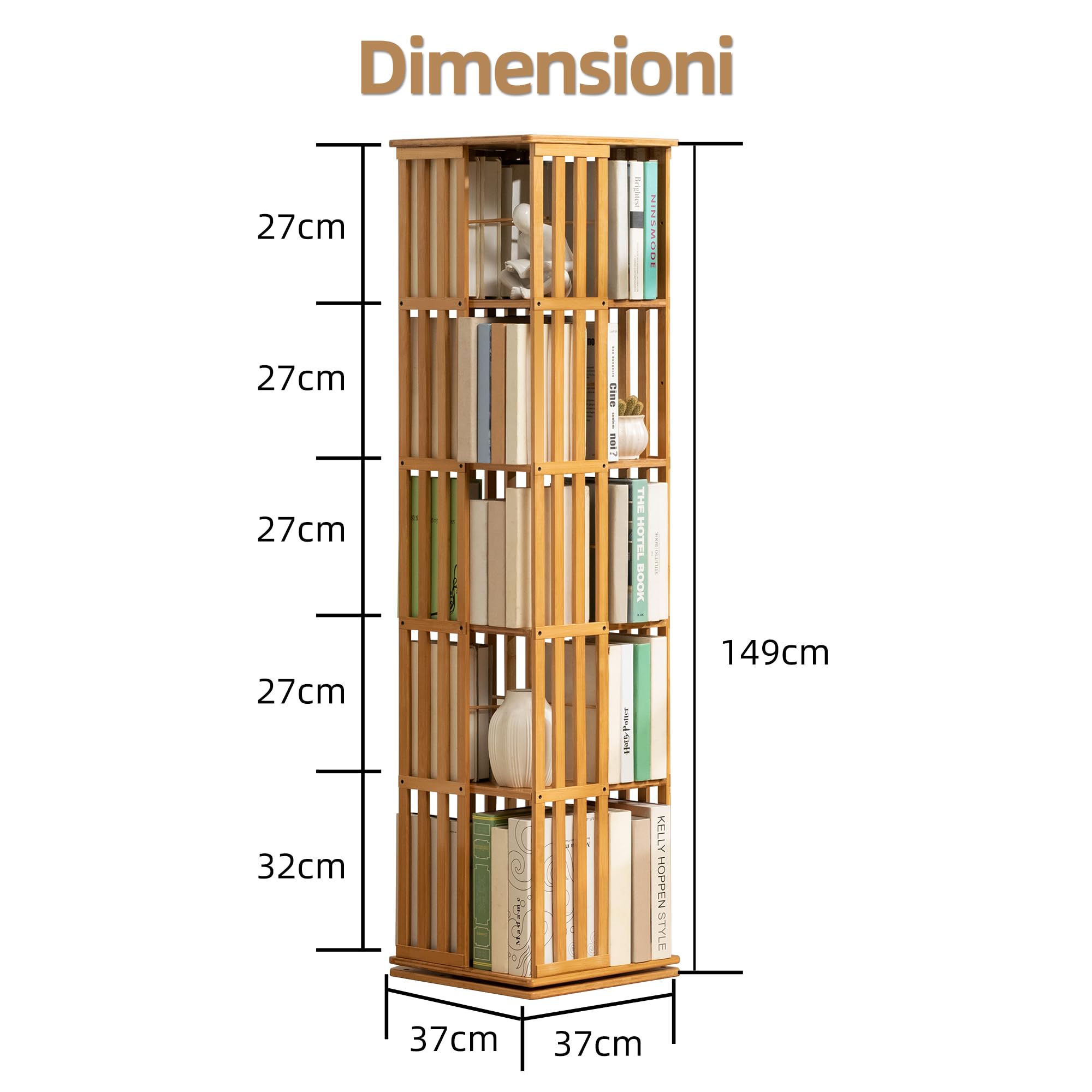 Libreria Verticale Girevole 360°, Scaffale Verticale Rotante a 5 Ripiani, Portaoggetti Libri Decorazioni per Soggiorno, Studio, Camera, Colore Naturale/Marrone (Naturale)