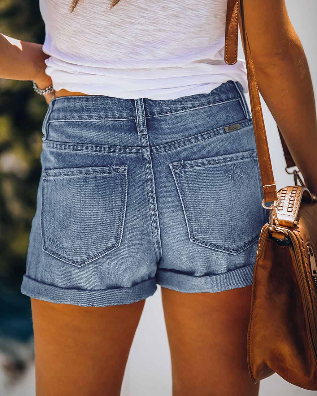 Alaster Queen Short en Denim pour Femmes Taille Moyenne Pantalon Chaud à Taille roulée Short en Denim à Trous pour l'été