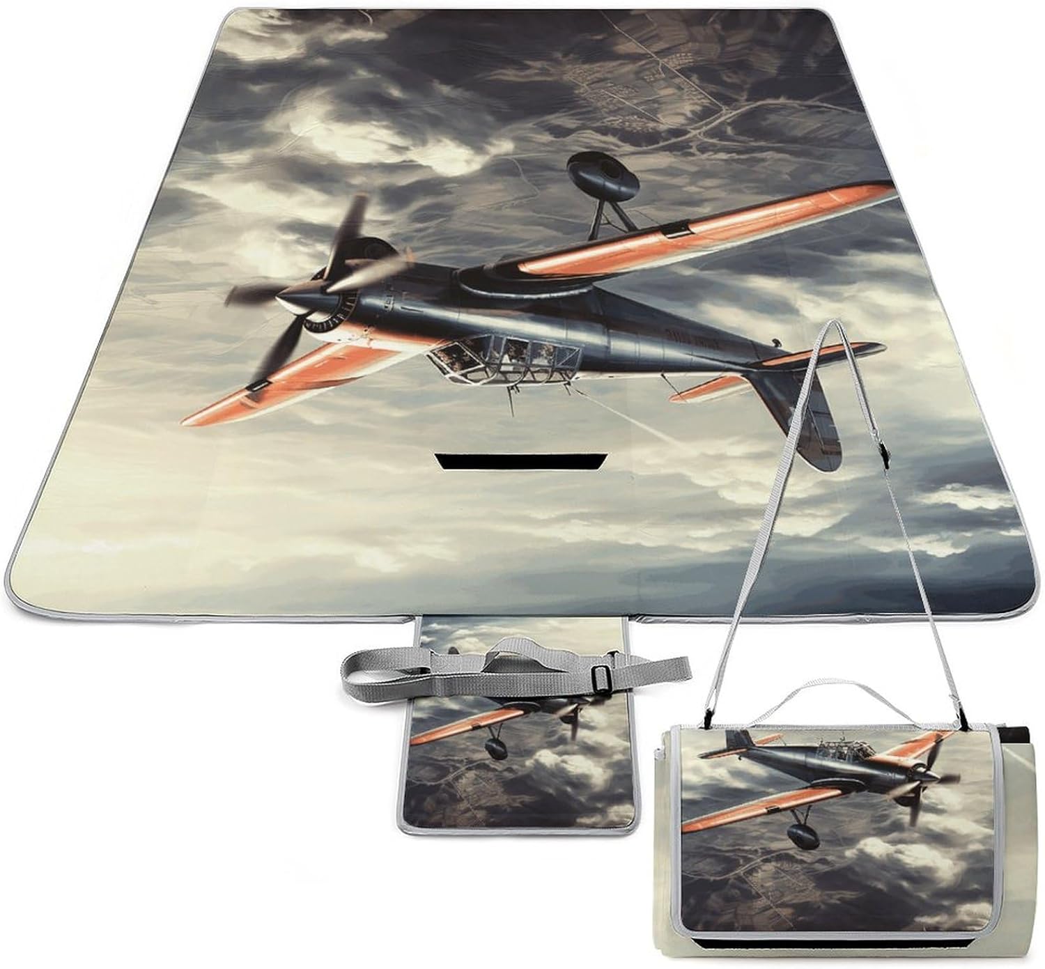 Retro Airplane Picnic Blanket Indoor and Outdoor Square Blankets Waterproof Design Mat Foldable Beach Mats Portable Park Sand Free Blanket for Camping Beach Park