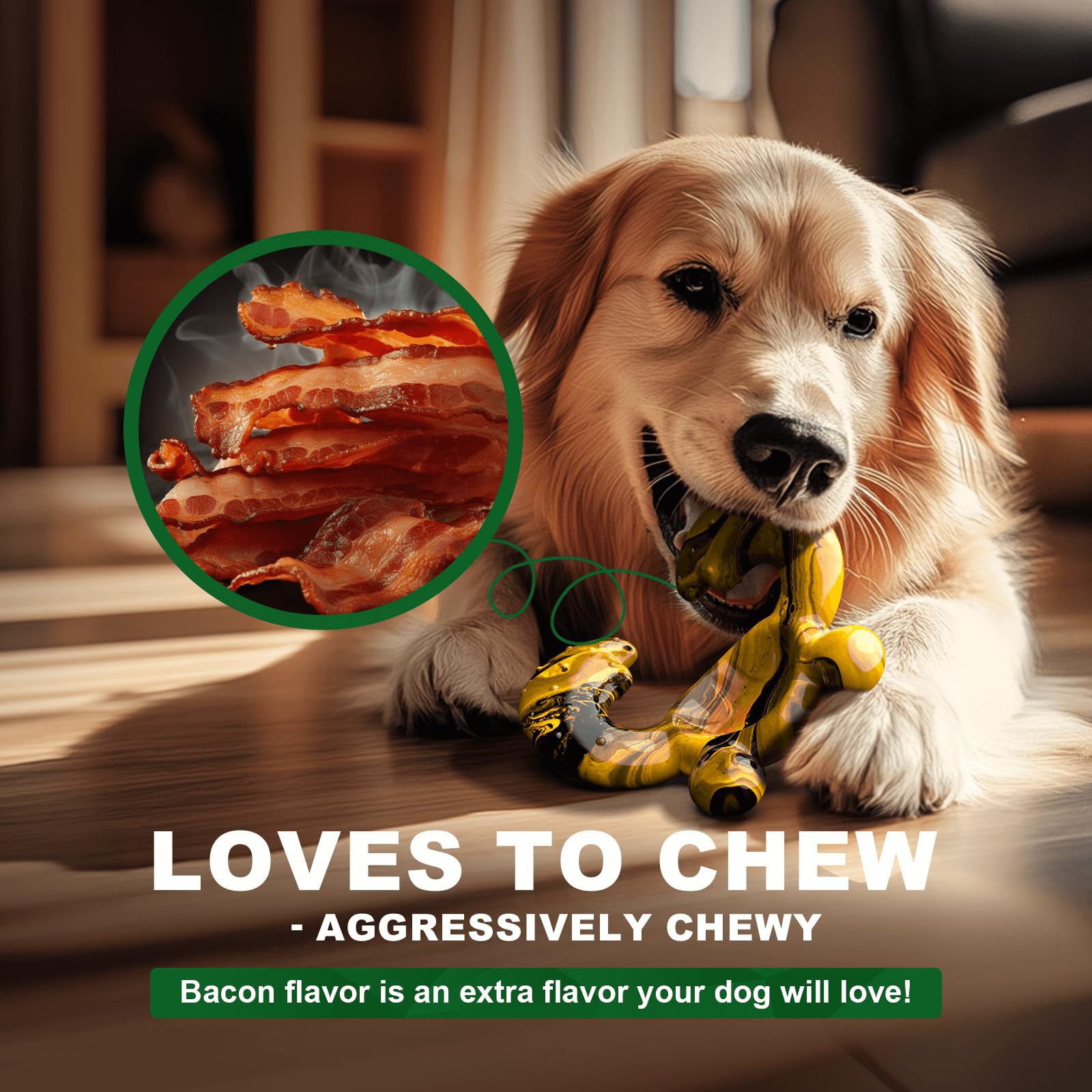 Juguete masticable duradero para perros para masticadores agresivos, hueso de nailon resistente para razas medianas, juguete interactivo de dentición con sabor real a tocino, mantiene a los