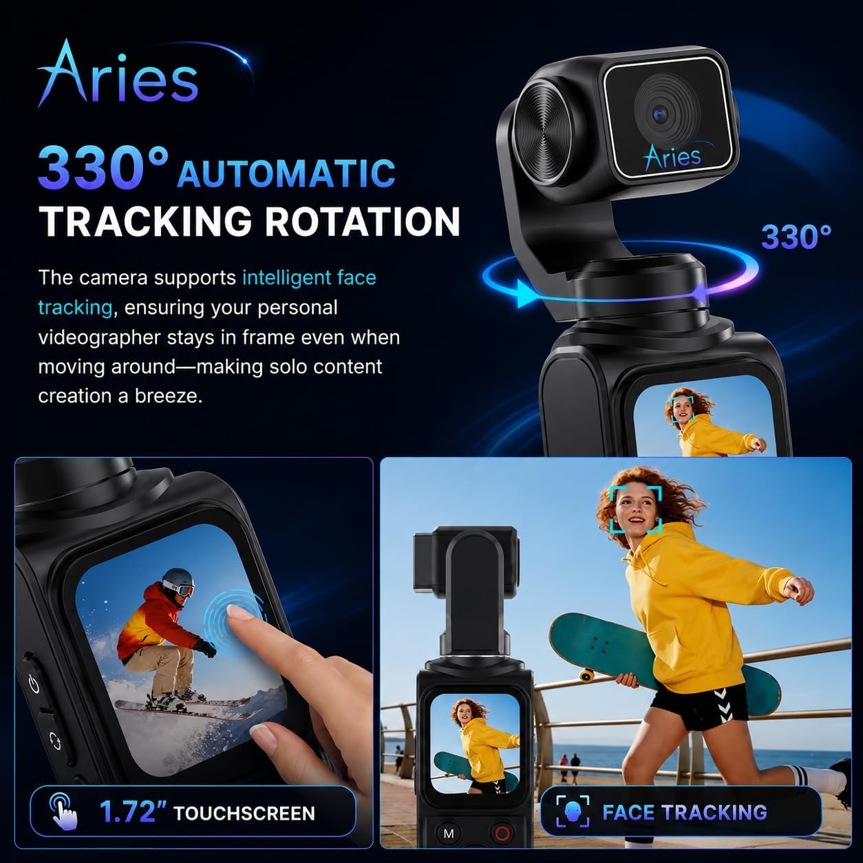Aries Ultra HD 4K Pocket Gimbal Vlogging Camera with 3-Axis Stabilization, 330° Face Tracking, WiFi Sharing, 1.7" Touchscreen, Portable Handheld Camera for YouTube, TikTok & Travel Vlogs (Black) image 5