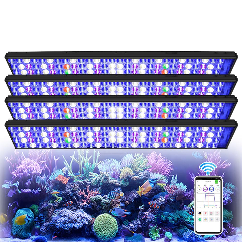PopBloom 4PCS Hertz75 WiFi Marine LED Lighting for Saltwater Reef Aquarium Marine Reef Aquarium Fish Tank 72inch 180cm 6ft Coral Aquarium (for 300-360cm Tank)