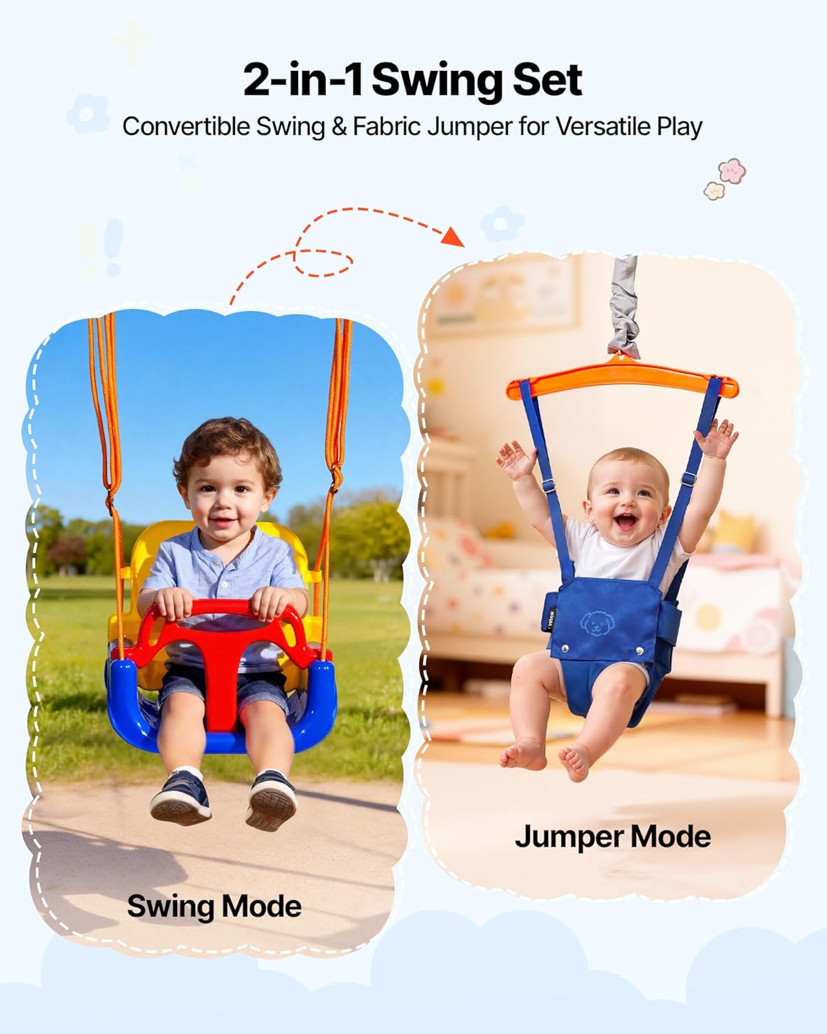 VEVOR Toddler Swing and Jumper, 2 in 1 Swing Set and Bouncer, Thick Plastic Seat with Foldable A-Frame Metal Stand, Reinforced with 4 Sandbags, Easy to Install and Store, for Indoor or Outdoor Play