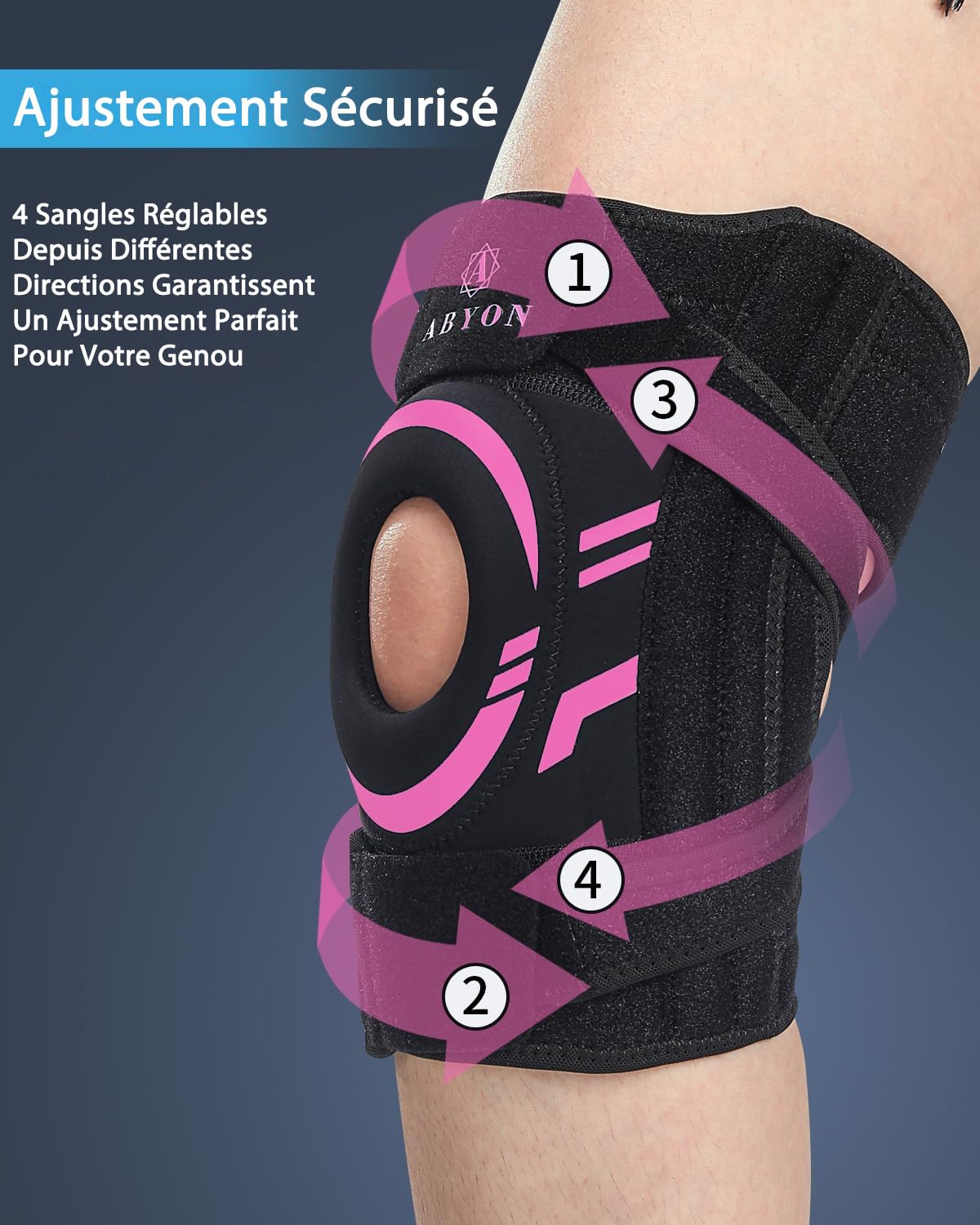 ABYON Genouillère Homme Femme – Orthèse de Genou Réglable pour Ménisque, Arthrose, ACL MCL – Support Rotulien en Néoprène avec Stabilisateurs Latéraux pour Soulagement de la Douleur et Récupération