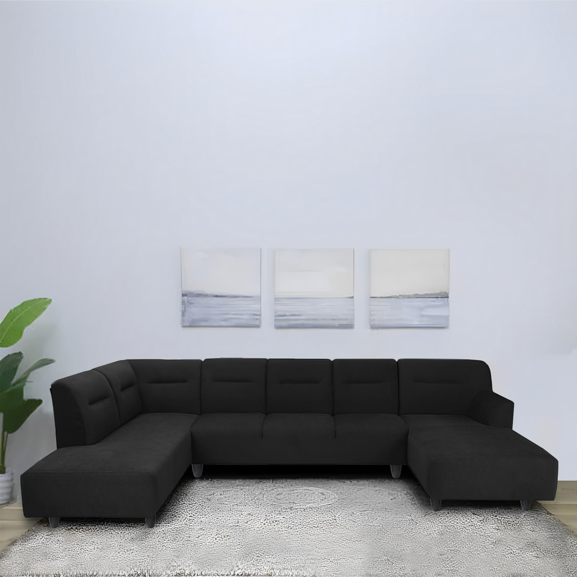 CASALIVING - Ragno 8 Seater U Shape Sofa Set for Living Room (Black Fabric) Premium Fabric Sofa