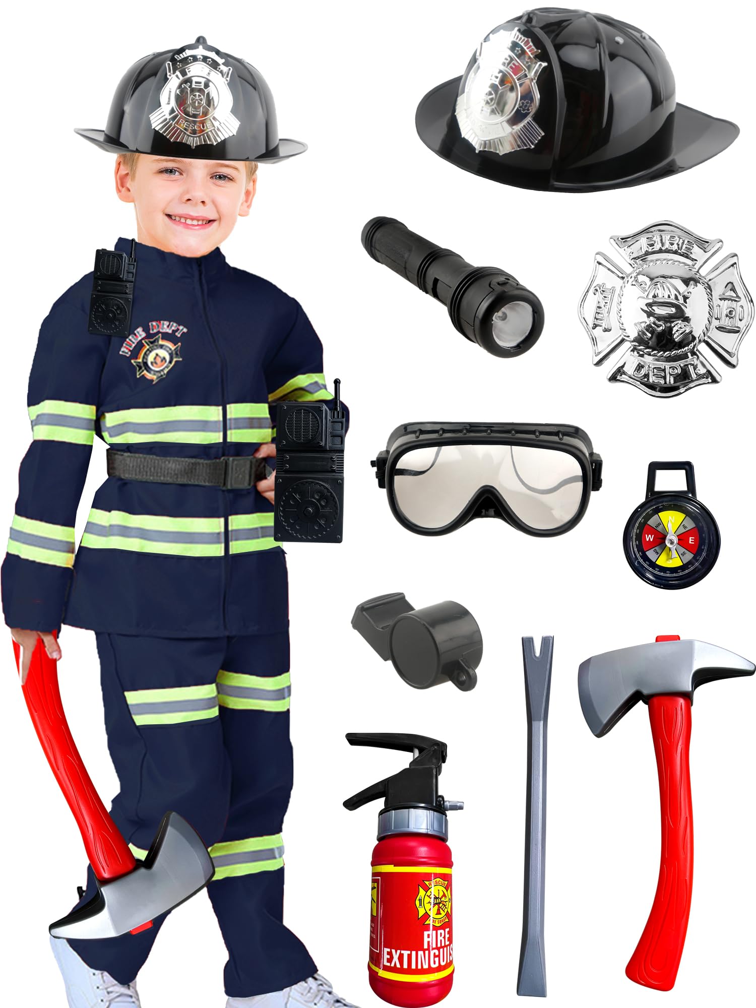 Puteraya 13 Pcs Kids Fireman Costume Set Firefighter Pretend Role Play Outfit for Boy Fireman Dress Up Toys Halloween Cosplay