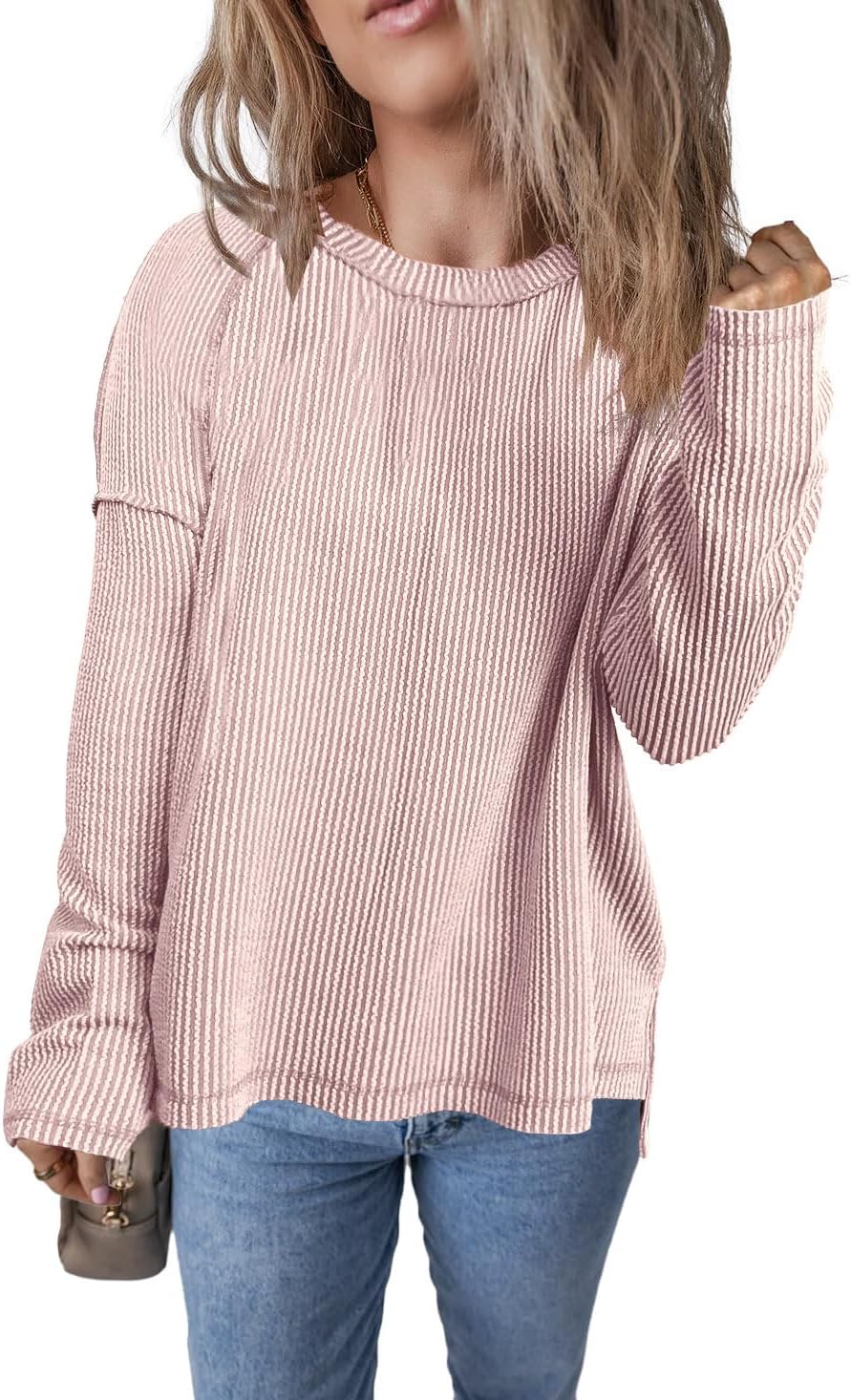 Women's Long Sleeve Round Neck Regular Fit Shirt Solid Color Patchwork Knit Top Blouse Shirts