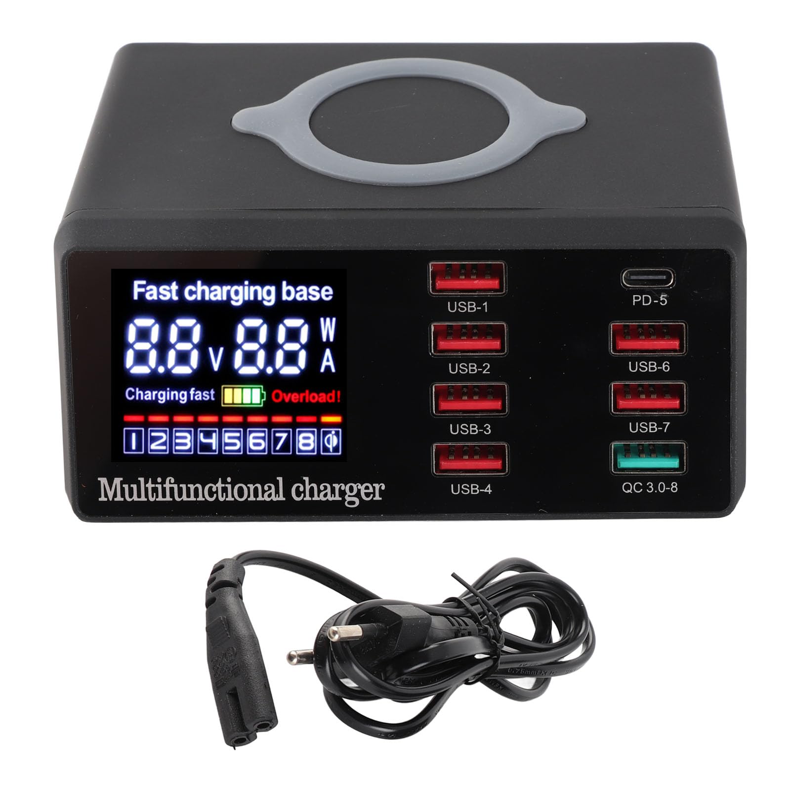 Chargeur USB sans Fil X9 8 Ports Charge Rapide PD + QC3.0 + Station de Charge de Port USB avec Affichage LED Compatible with téléphone/Ordinateur Portable/Tablette Prise UE