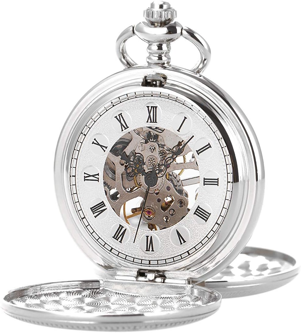 Pocket Watch - Smooth Double Case SIBOSUN Skeleton Mechanical Movement Silver Chain Gift Box Analog