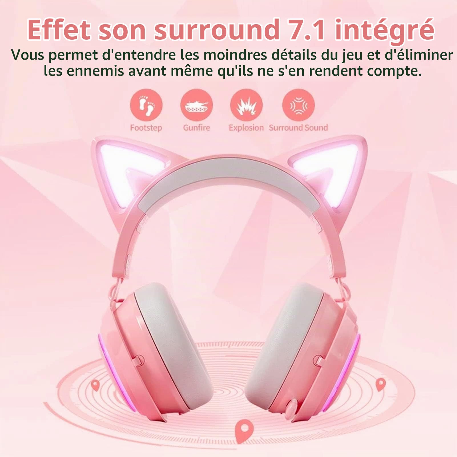 ASHATA Casque de Jeu Rose, Casque de Jeu Filaire USB Rose avec Oreille de Chat pour PC/MAC avec Suppression du Bruit Surround 7.1, Oreille de Chat et Micro Détachables,